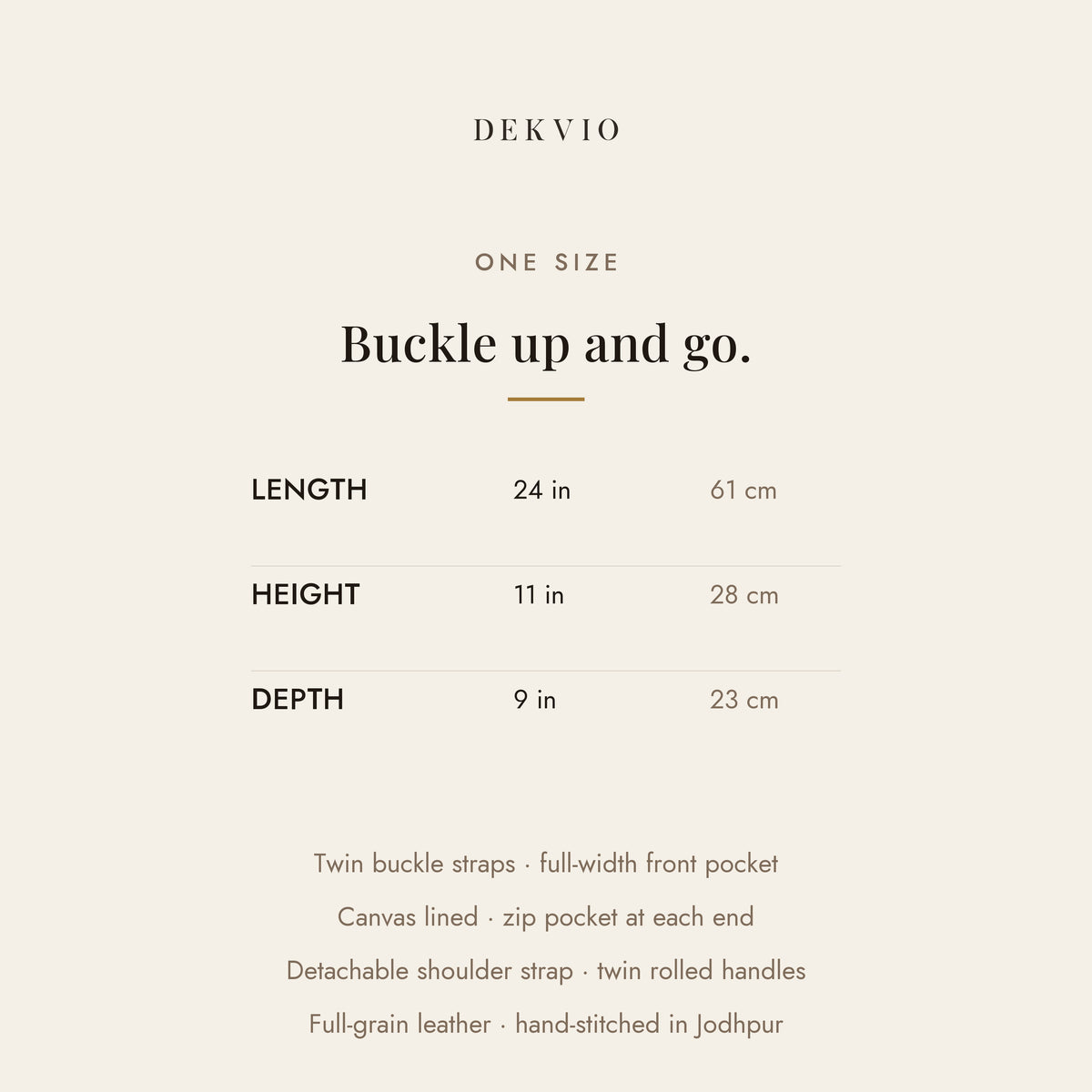 DEKVIO size card: 24 x 11 x 9 inches, twin buckle straps, canvas lined