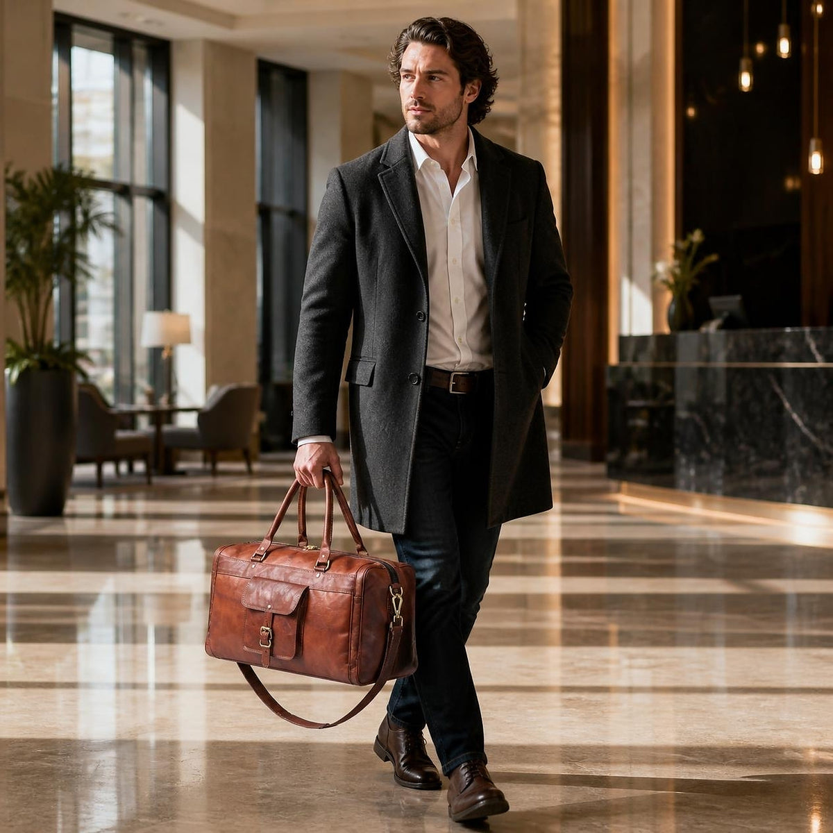 Man carrying the DEKVIO vintage brown leather weekender duffle through a hotel lobby