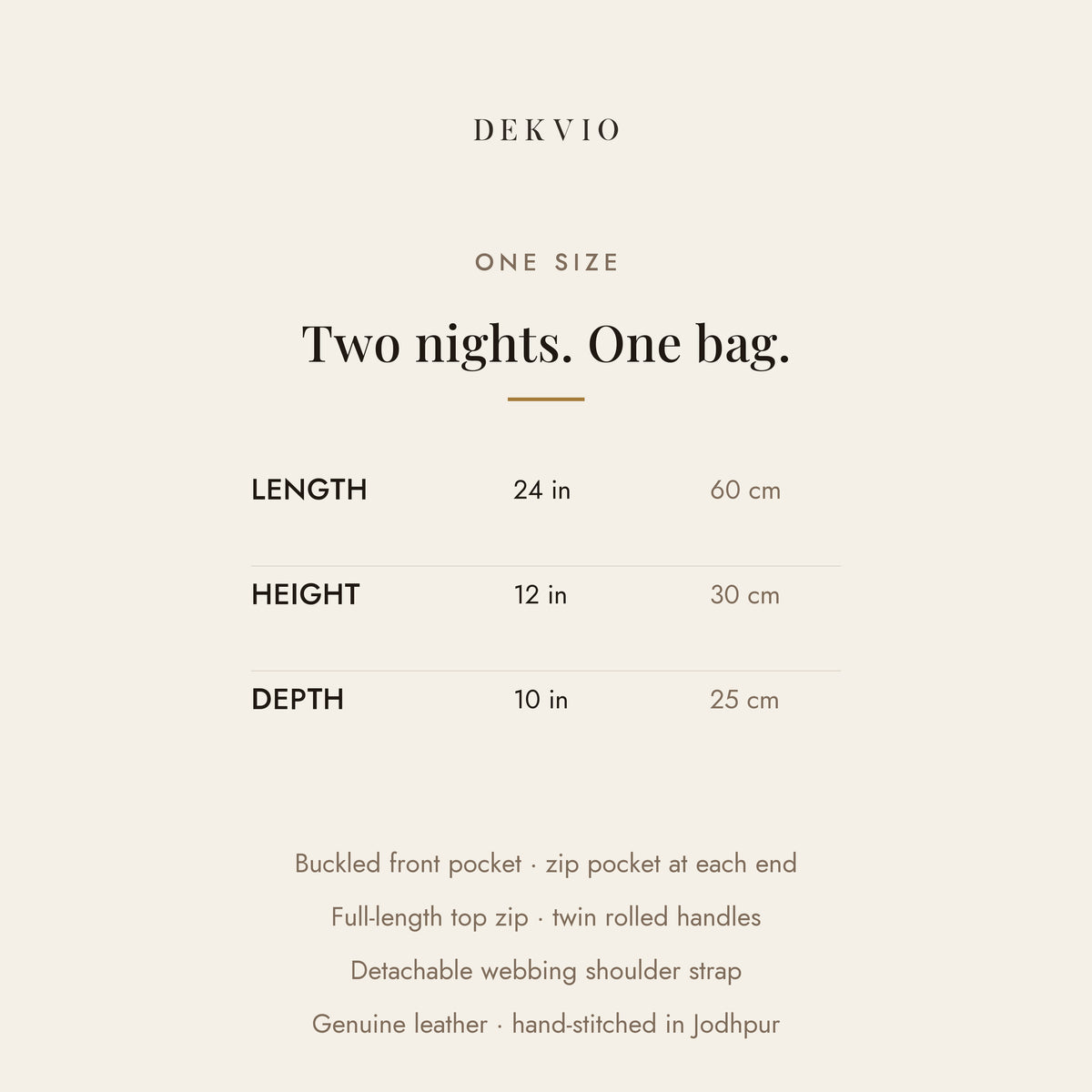 DEKVIO size card: 24 x 12 x 10 inches, buckled front pocket, detachable shoulder strap