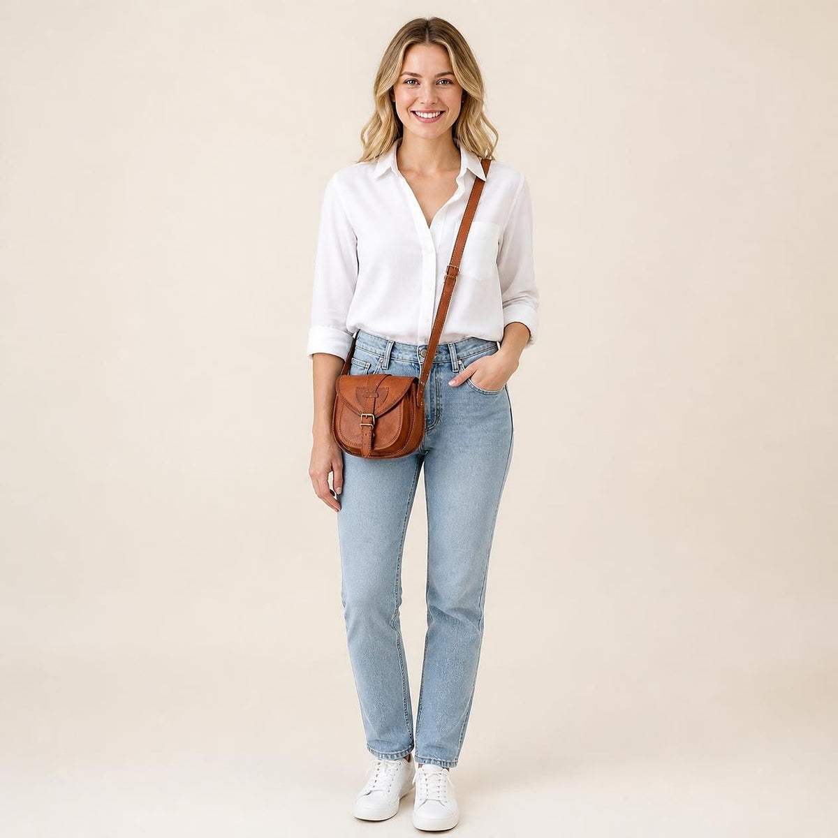 DEKVIO 9 inch small leather saddle bag shown at true size on a woman