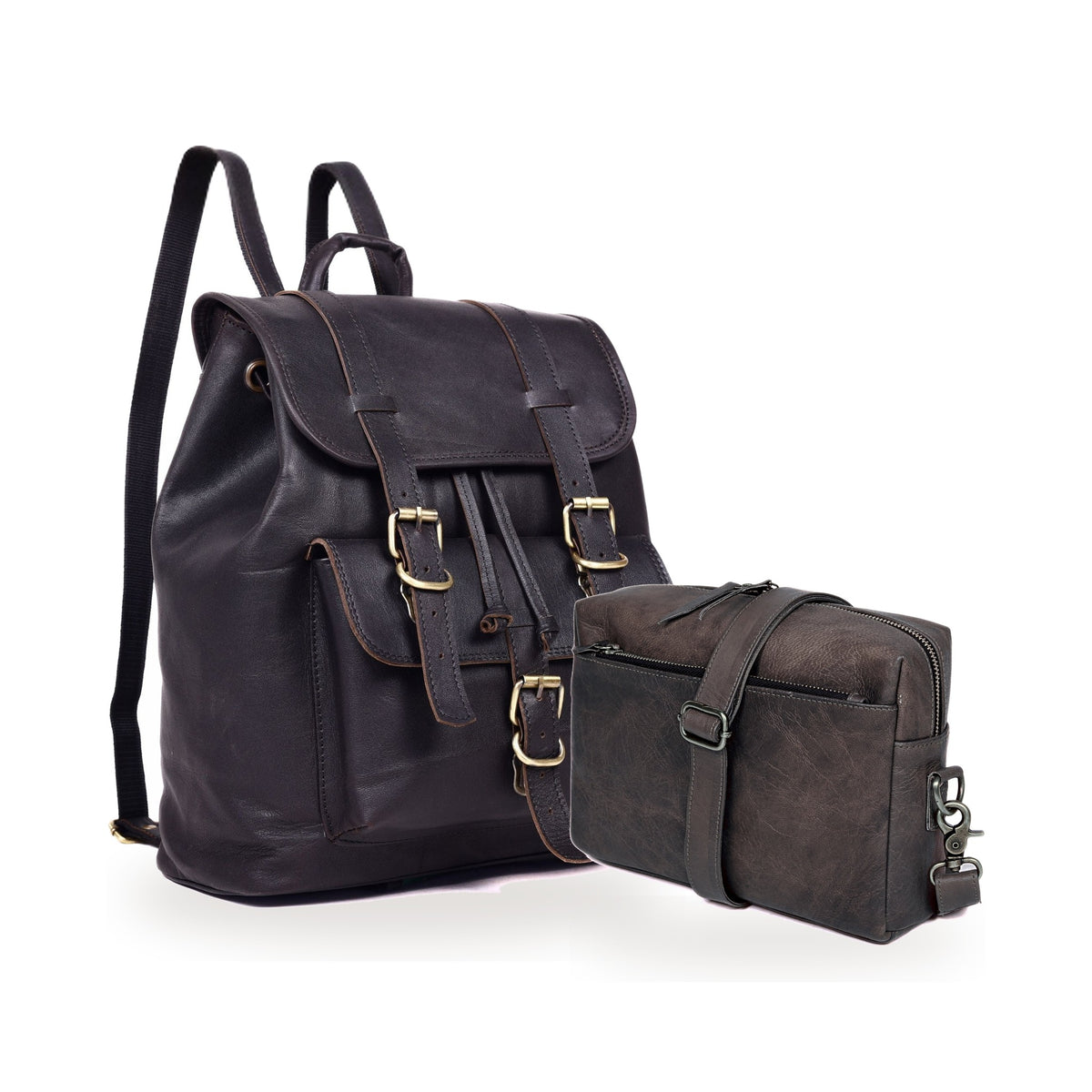 DEKVIO His & Hers Backpack Set in Black – 17" Explorer Leather Backpack with matching leather crossbody purse
