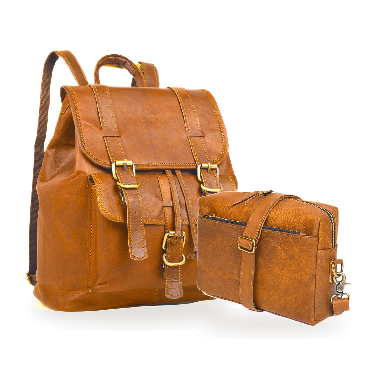 DEKVIO His & Hers Backpack Set in Tan – 17" Explorer Leather Backpack with matching leather crossbody purse