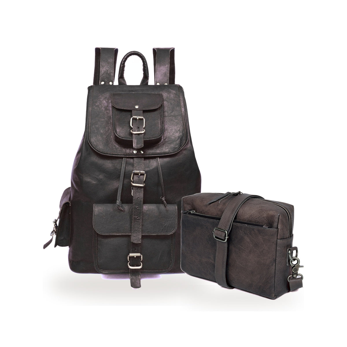 DEKVIO His & Hers Backpack Set in Black – 20" Leather Laptop Rucksack with matching leather crossbody purse