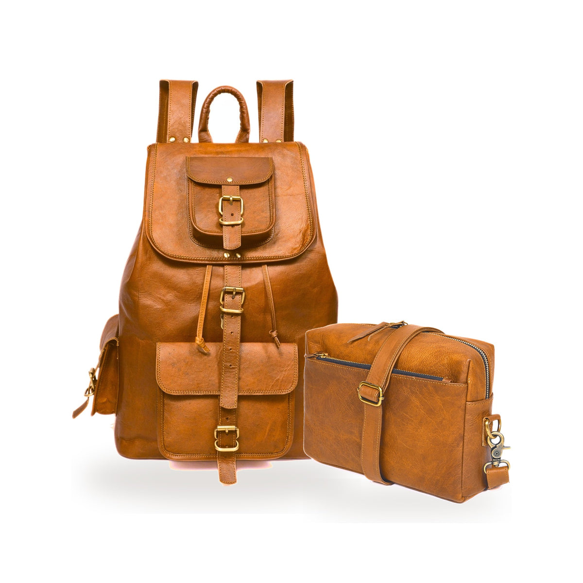 DEKVIO His & Hers Backpack Set in Tan – 20" Leather Laptop Rucksack with matching leather crossbody purse
