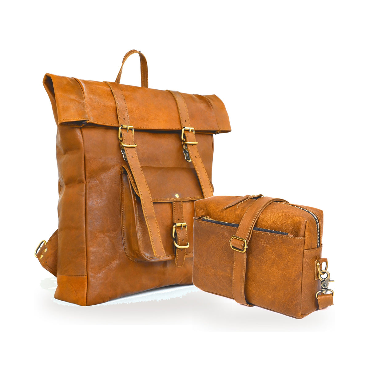 DEKVIO His & Hers Backpack Set in Tan – 20" Roll-Top Leather Backpack with matching leather crossbody purse