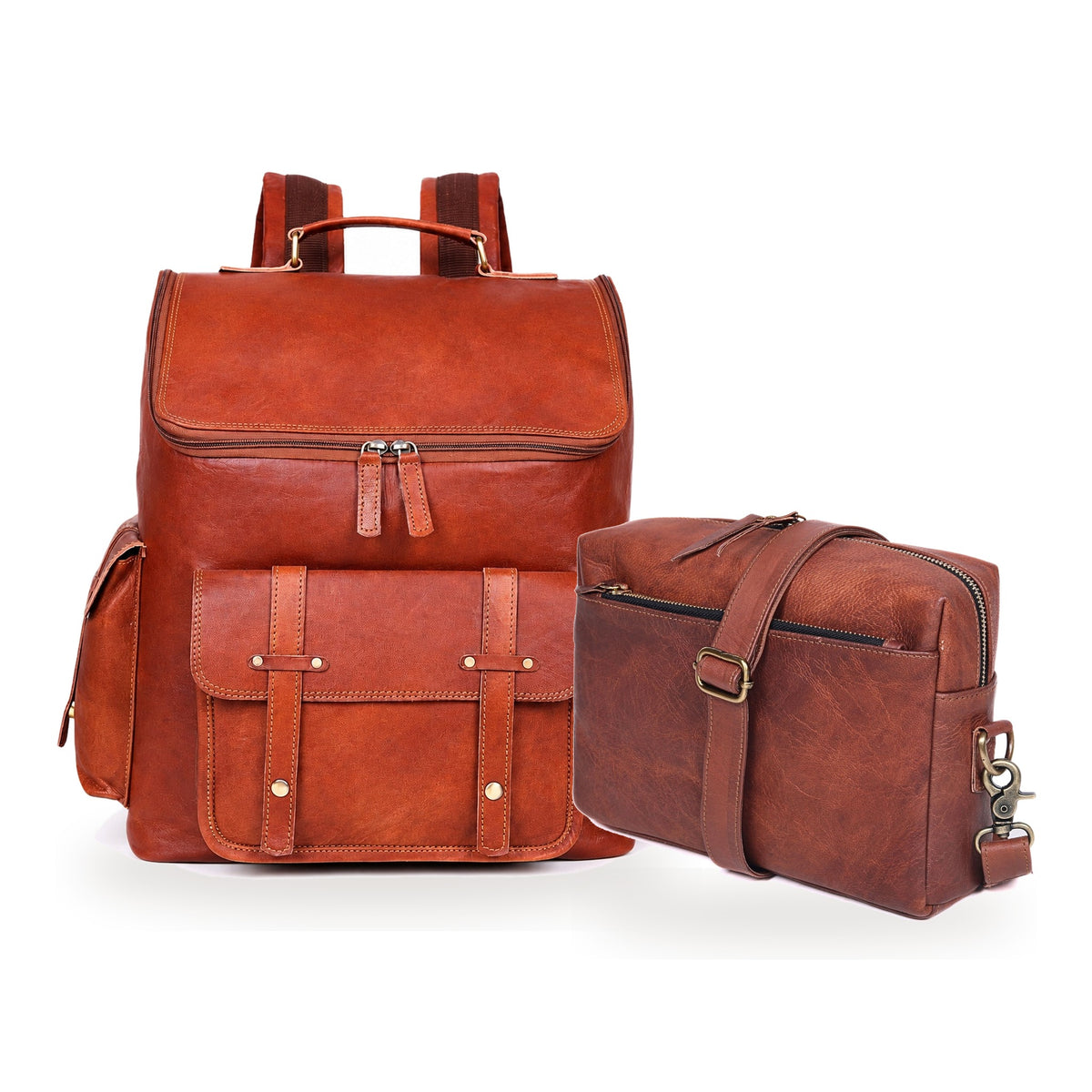 DEKVIO His & Hers Backpack Set in Brown – 17" Vintage Leather Rucksack with matching 10" leather crossbody purse