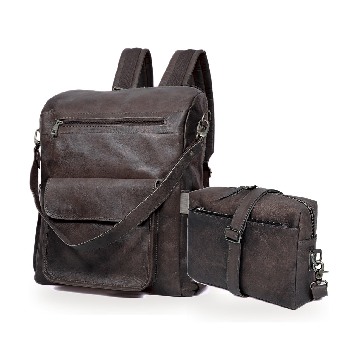 DEKVIO His & Hers Backpack Set in Black – 16" 3-Way Leather Backpack with matching leather crossbody purse