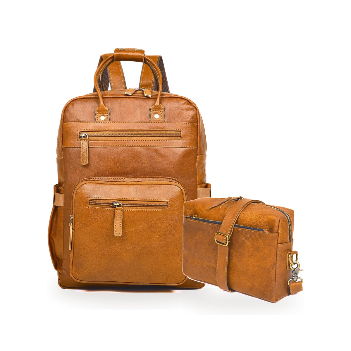 DEKVIO His & Hers Backpack Set in Tan – 16" Leather Laptop Backpack with matching leather crossbody purse