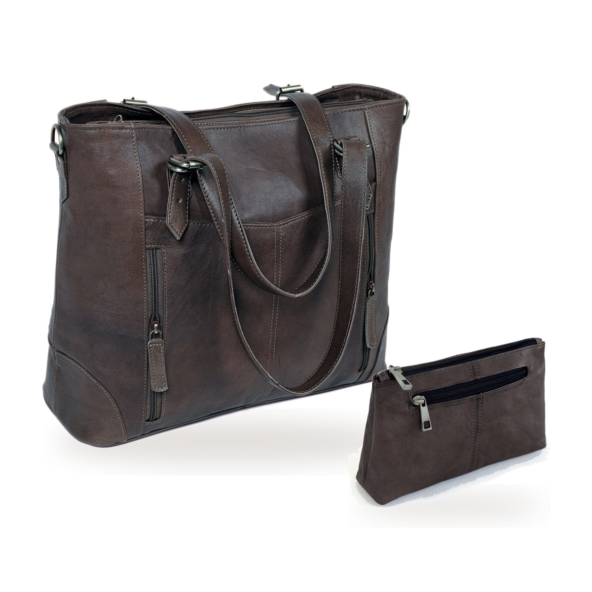 DEKVIO Her Everyday Set in Black – leather laptop tote with matching leather wristlet pouch