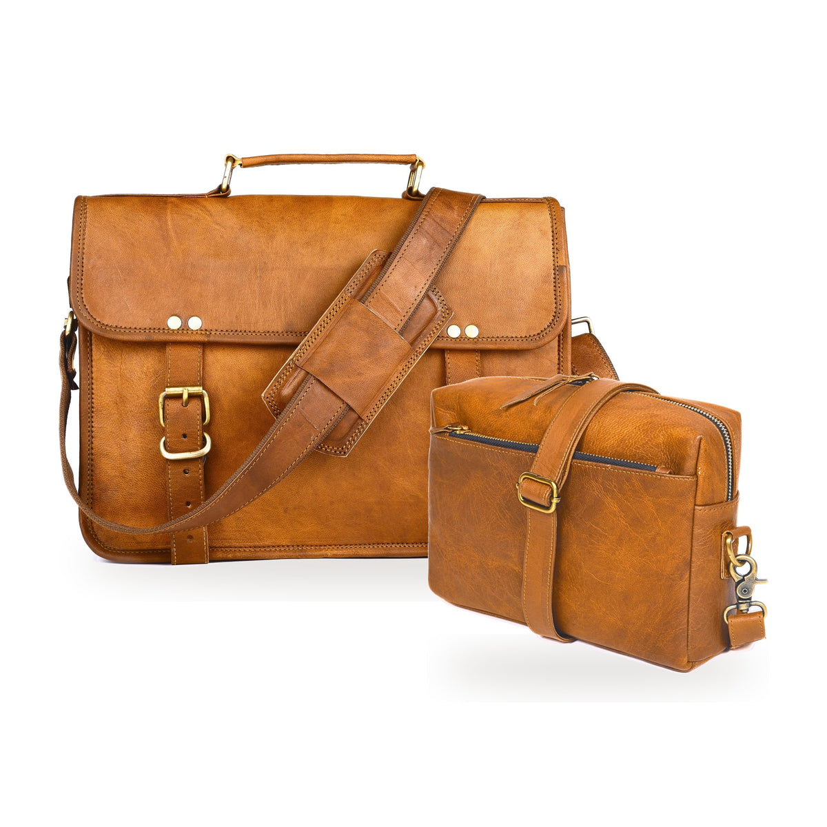 DEKVIO His & Hers Set – Tan leather messenger bag with Tan leather crossbody purse