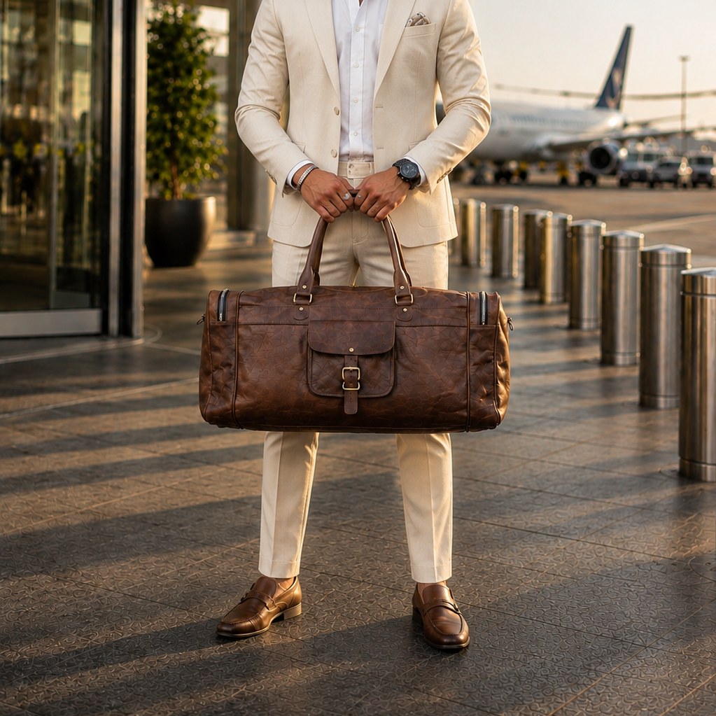 Man in cream suit holding DEKVIO brown leather weekender duffle at airport departures