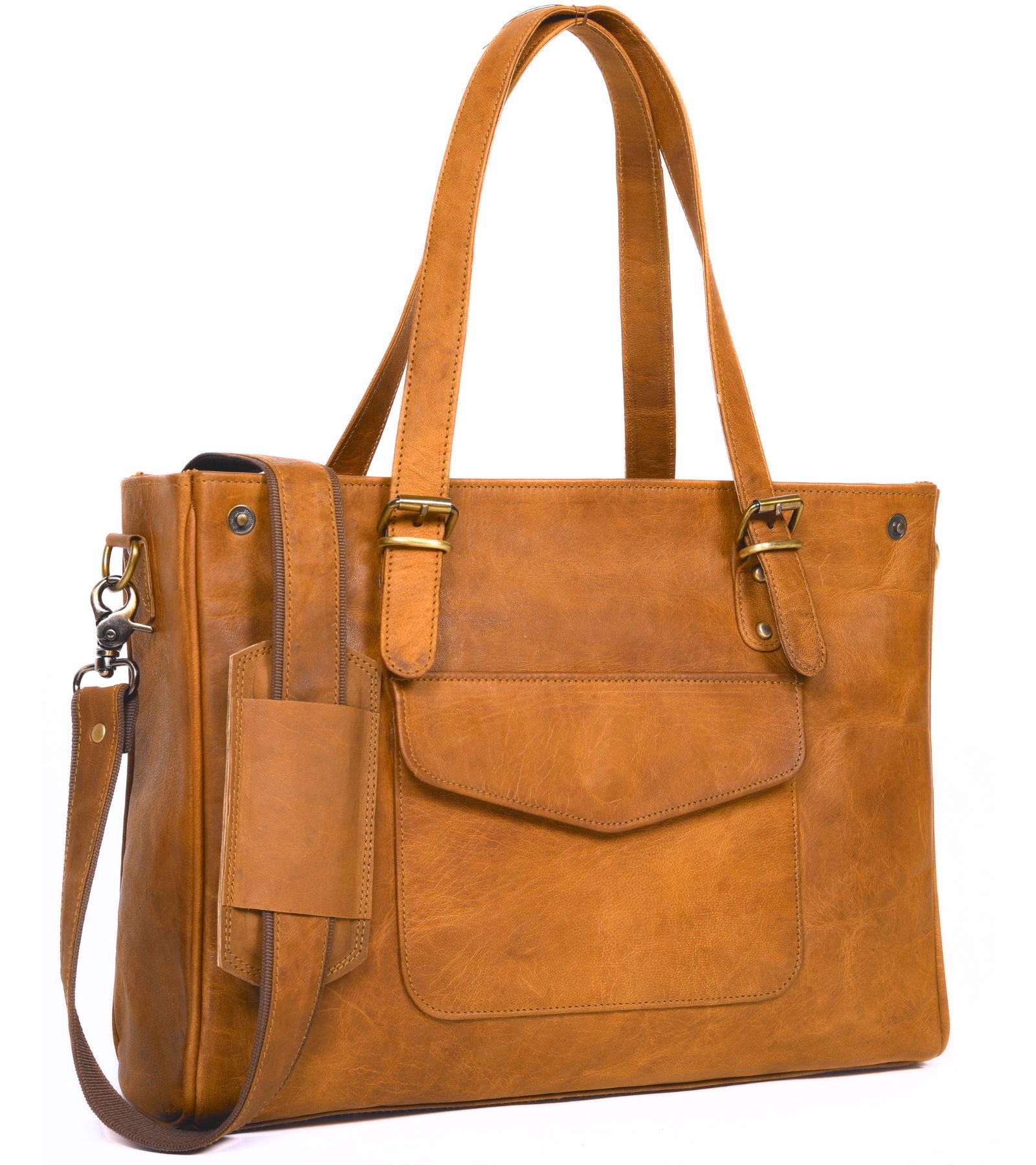 DEKVIO 15.6 inch leather laptop tote with crossbody strap in Tan