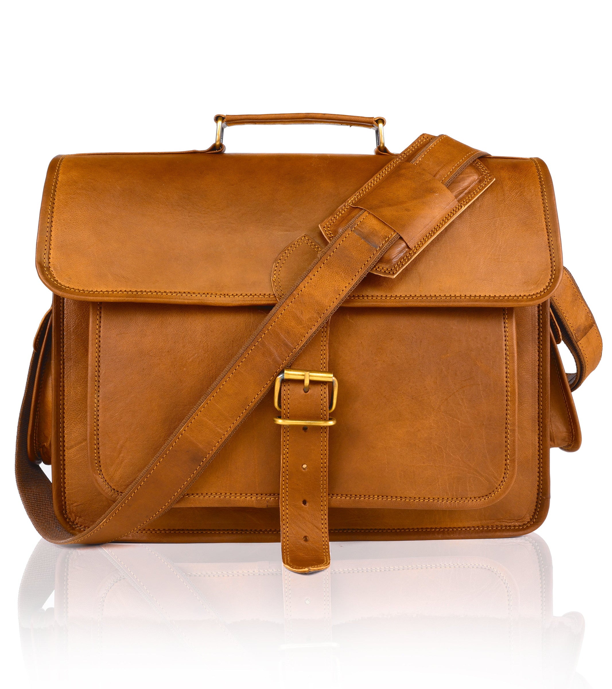 DEKVIO 15.6 inch leather messenger briefcase in Tan