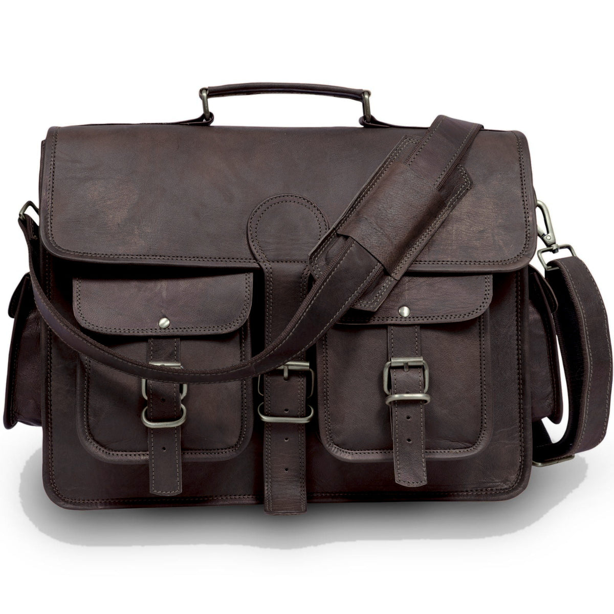 DEKVIO 17 inch XL leather messenger briefcase in Black