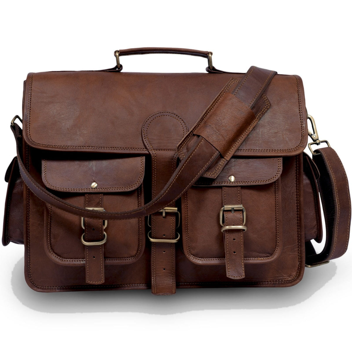 DEKVIO 17 inch XL leather messenger briefcase in Coffee dark brown