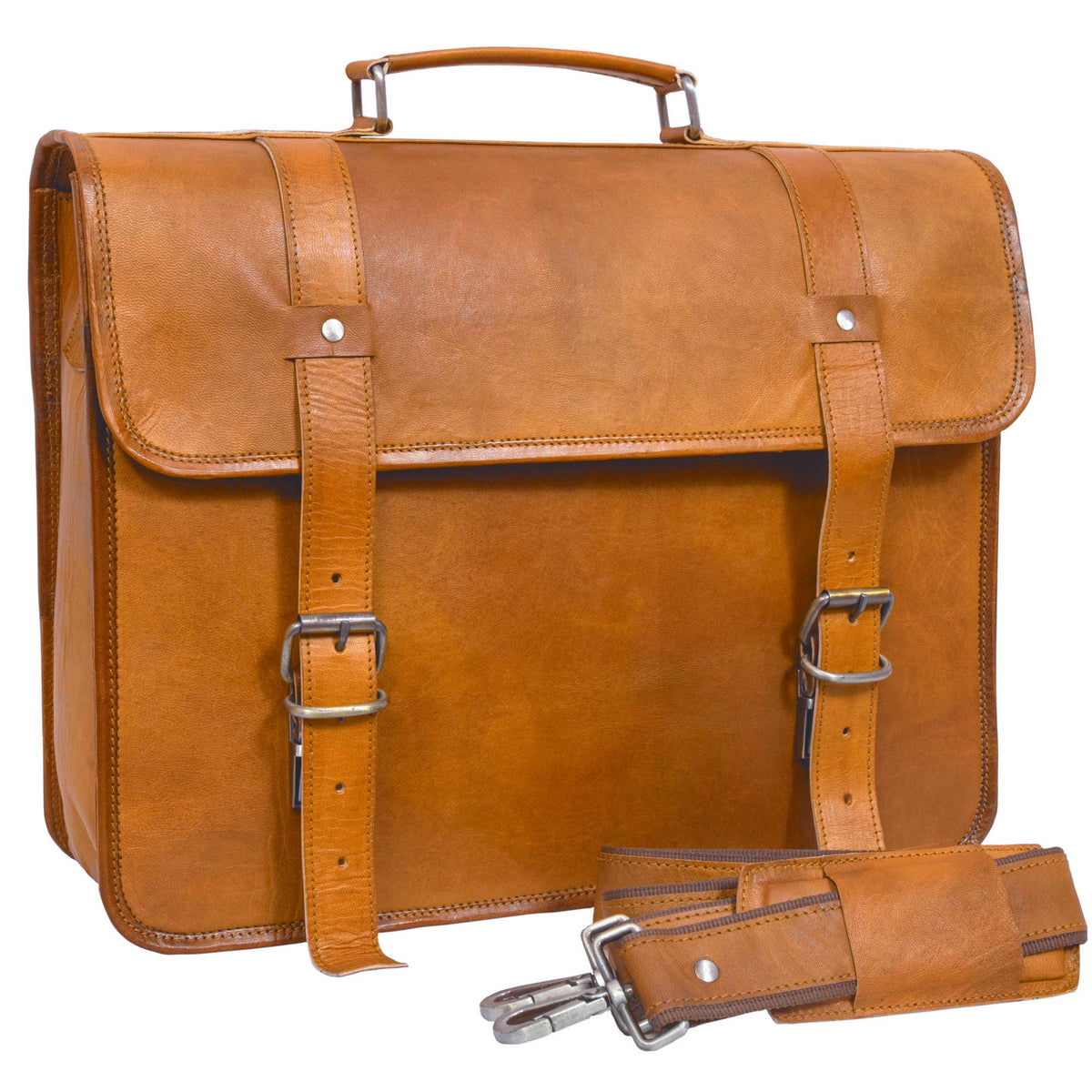 DEKVIO leather messenger satchel shoulder bag in Tan