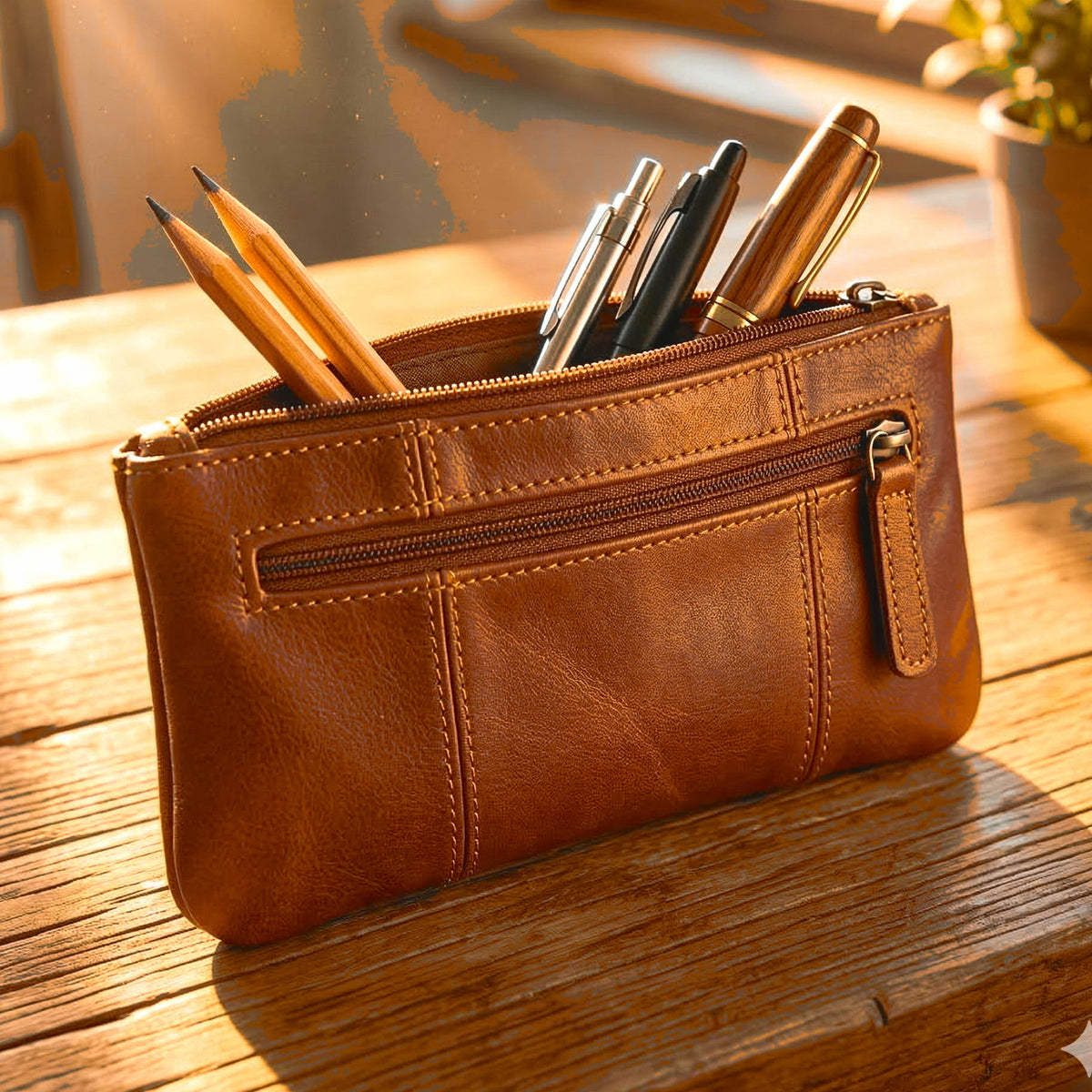 DEKVIO leather pencil case zipper pouch in Tan