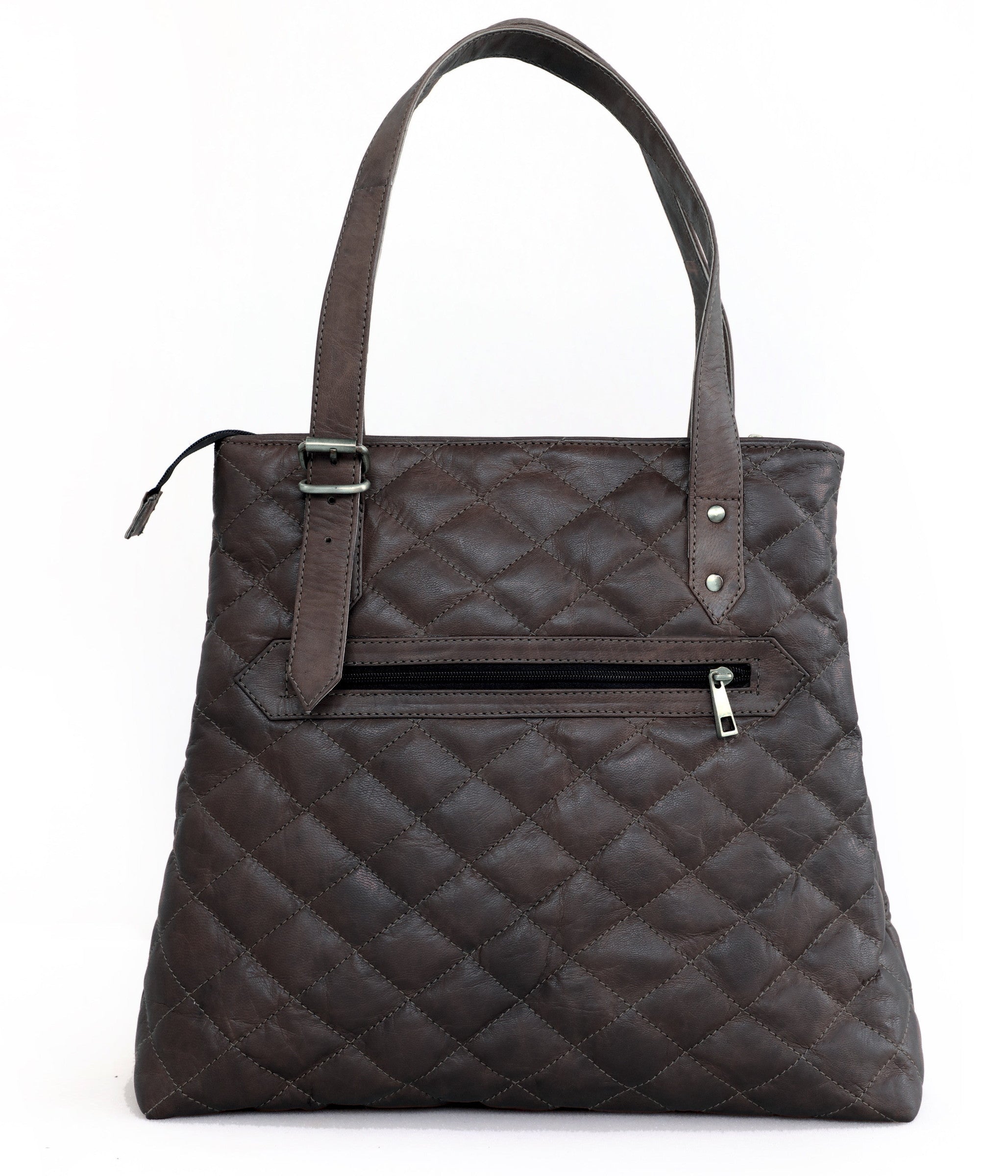 DEKVIO quilted leather tote bag for women in Black, front view