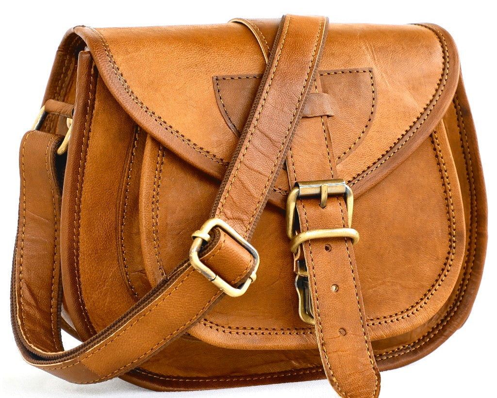 DEKVIO small leather crossbody saddle bag in Tan