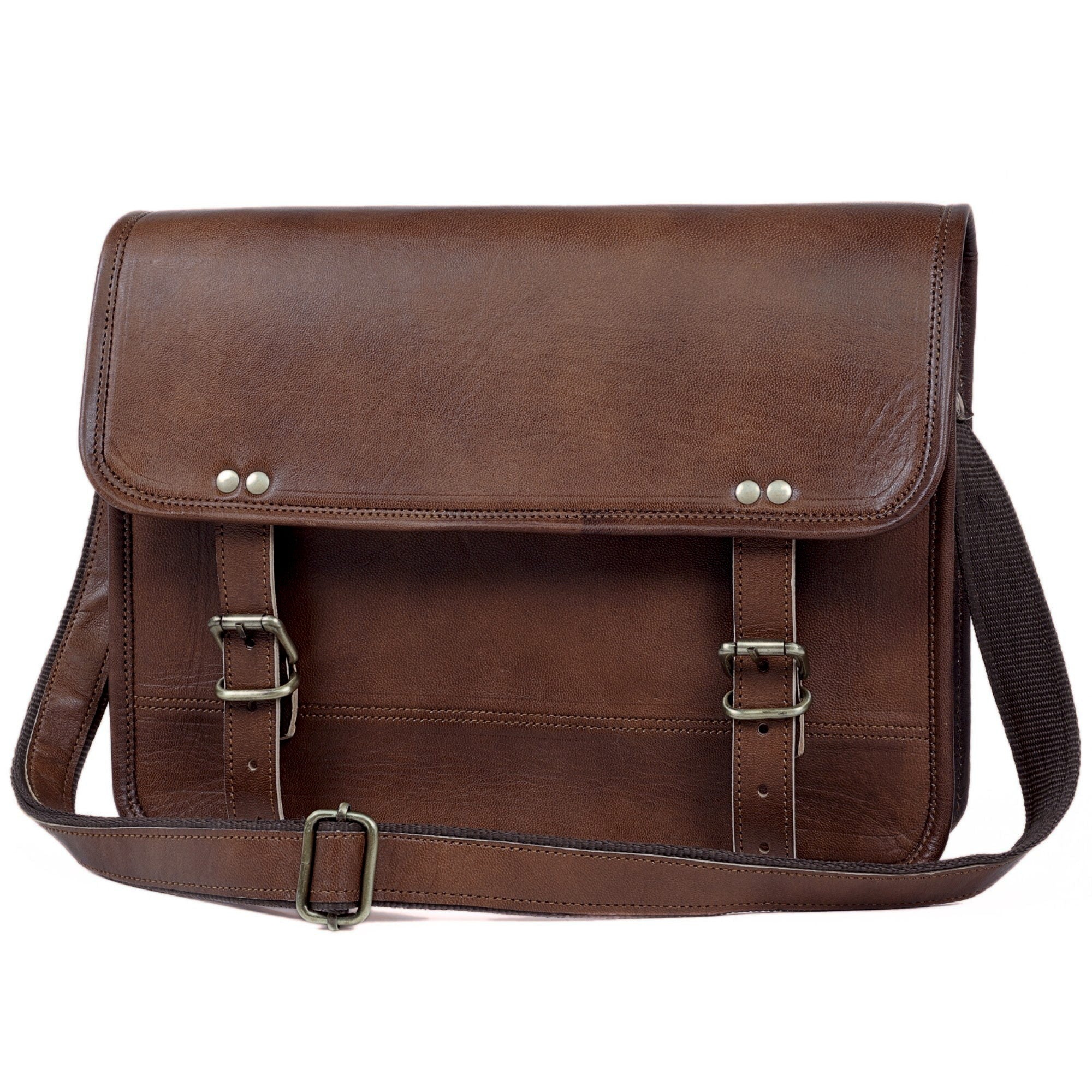 DEKVIO small leather messenger bag for iPad in Coffee dark brown