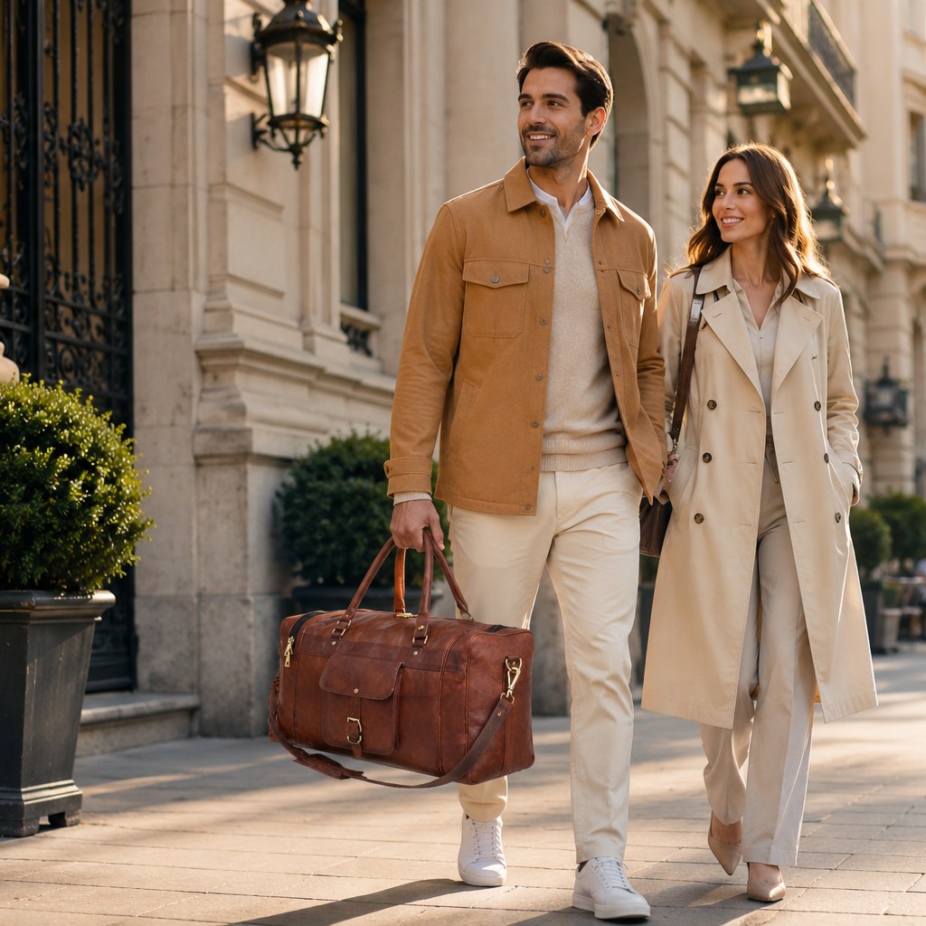 Couple walking on European street with DEKVIO brown leather duffle bag