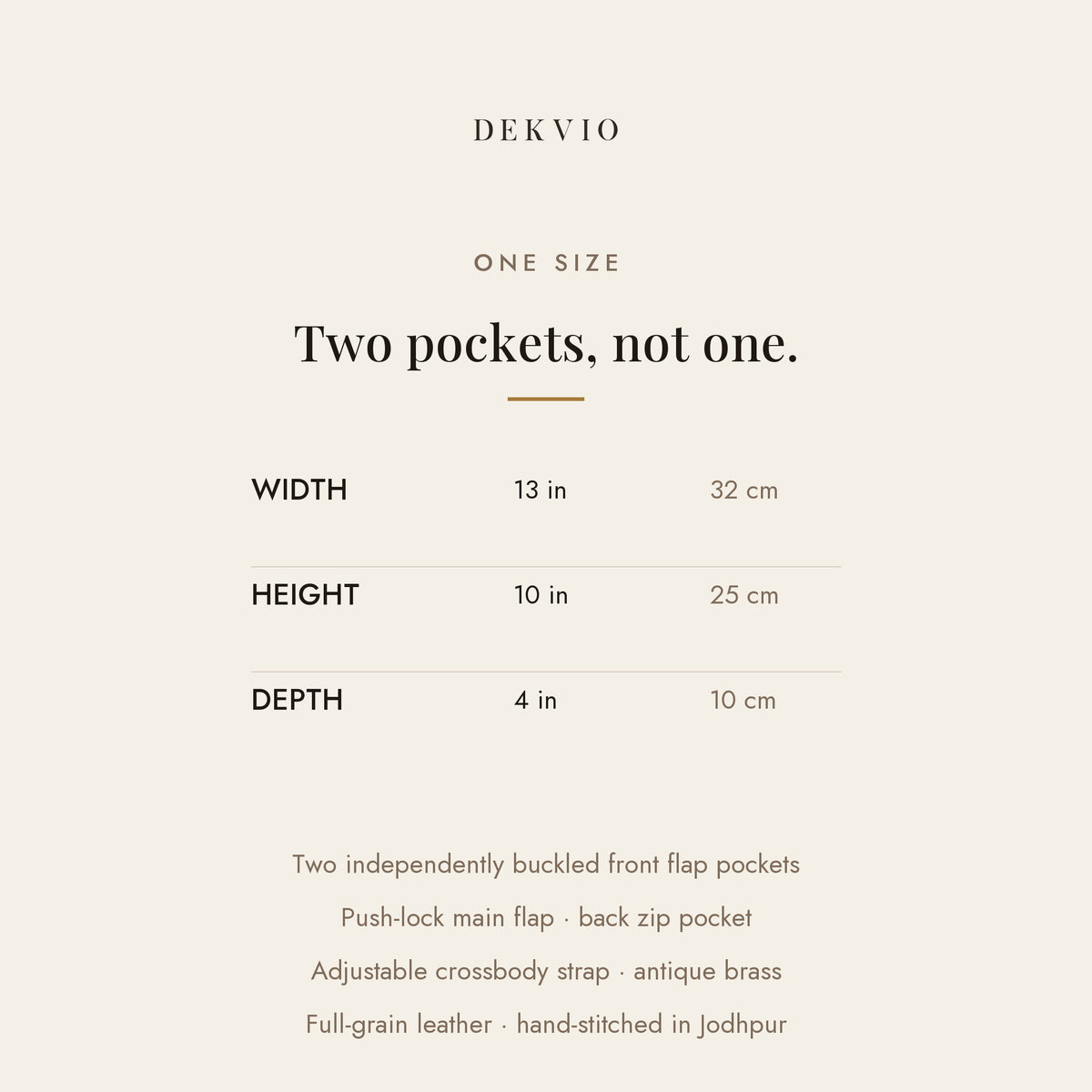 DEKVIO twin-pocket leather saddle crossbody bag size guide with dimensions