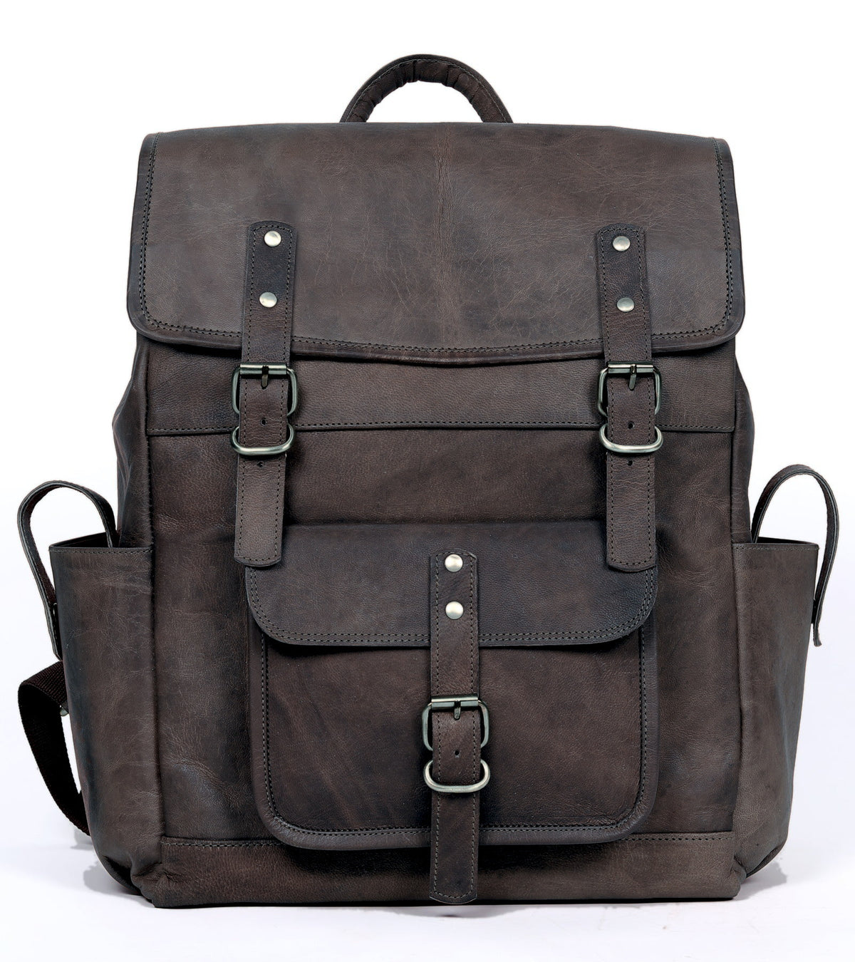 DEKVIO utility leather laptop backpack in Black, front view