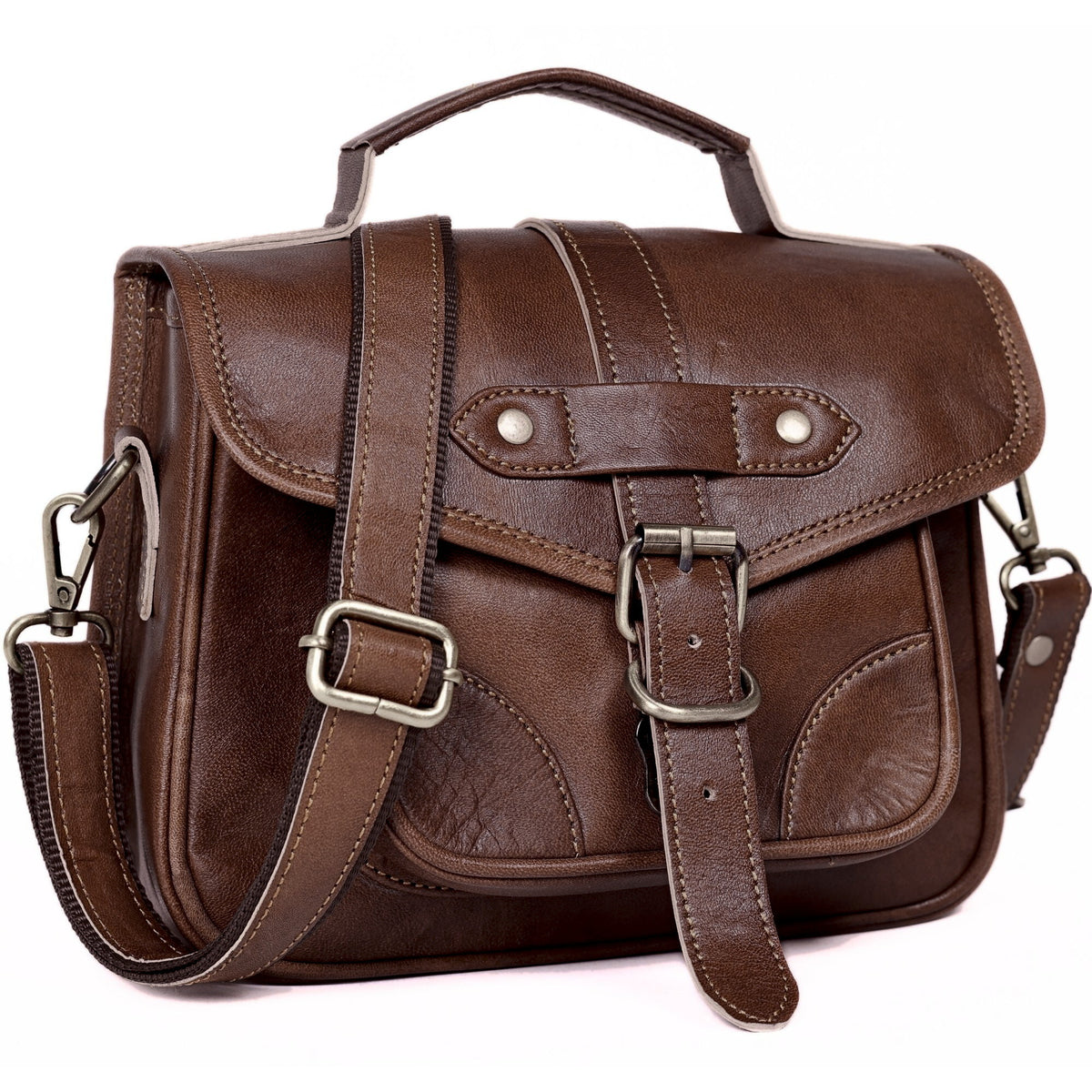 DEKVIO vintage leather crossbody satchel purse in Coffee dark brown