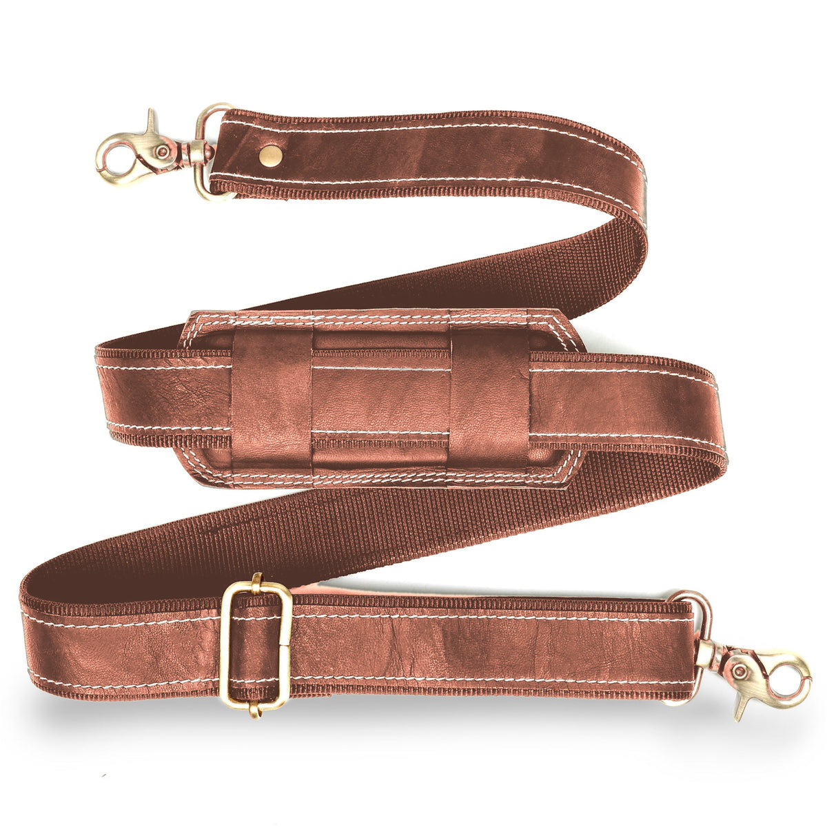 DEKVIO white-stitch leather bag strap in Brown, with white contrast stitching and antique brass swivel hooks