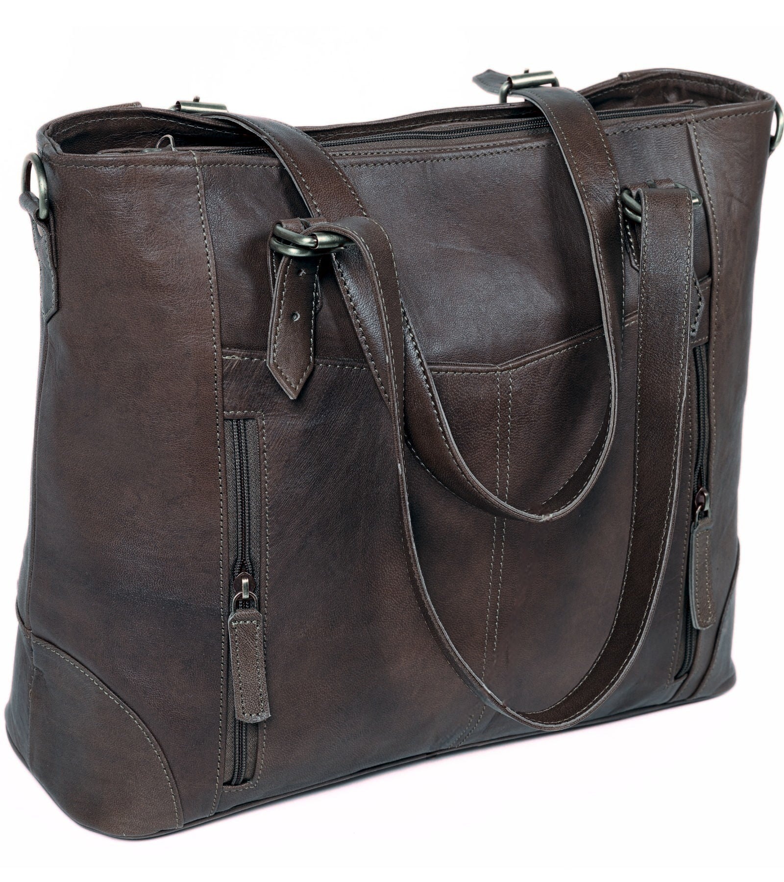 DEKVIO zip-front leather laptop tote in Black, front view