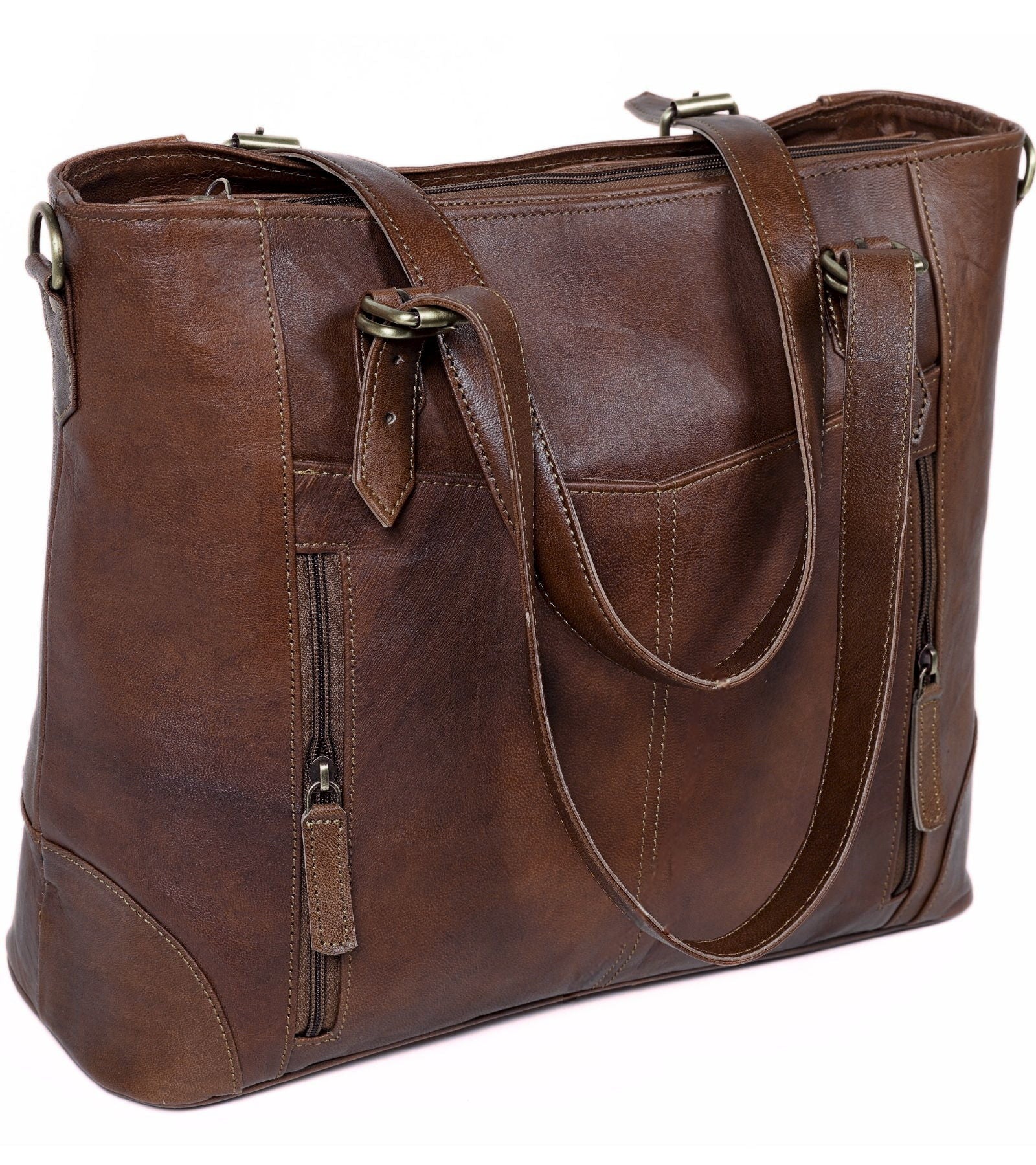 DEKVIO zip-front leather laptop tote in Coffee dark brown, front view