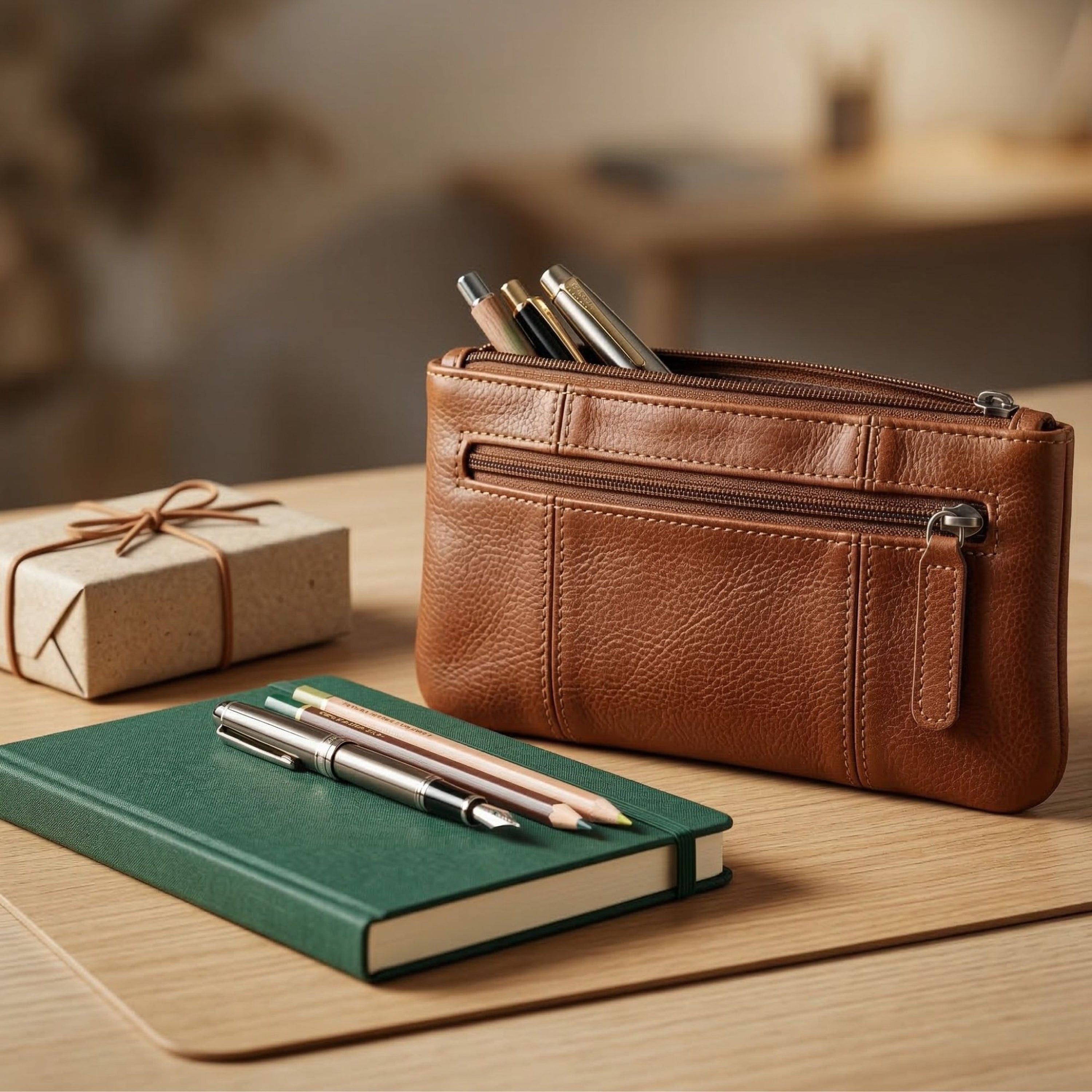 DEKVIO Leather Pencil Case Zipper Pouch Genuine Leather Pen Holder Utility Coin Purse Cosmetic Bag for Men Women