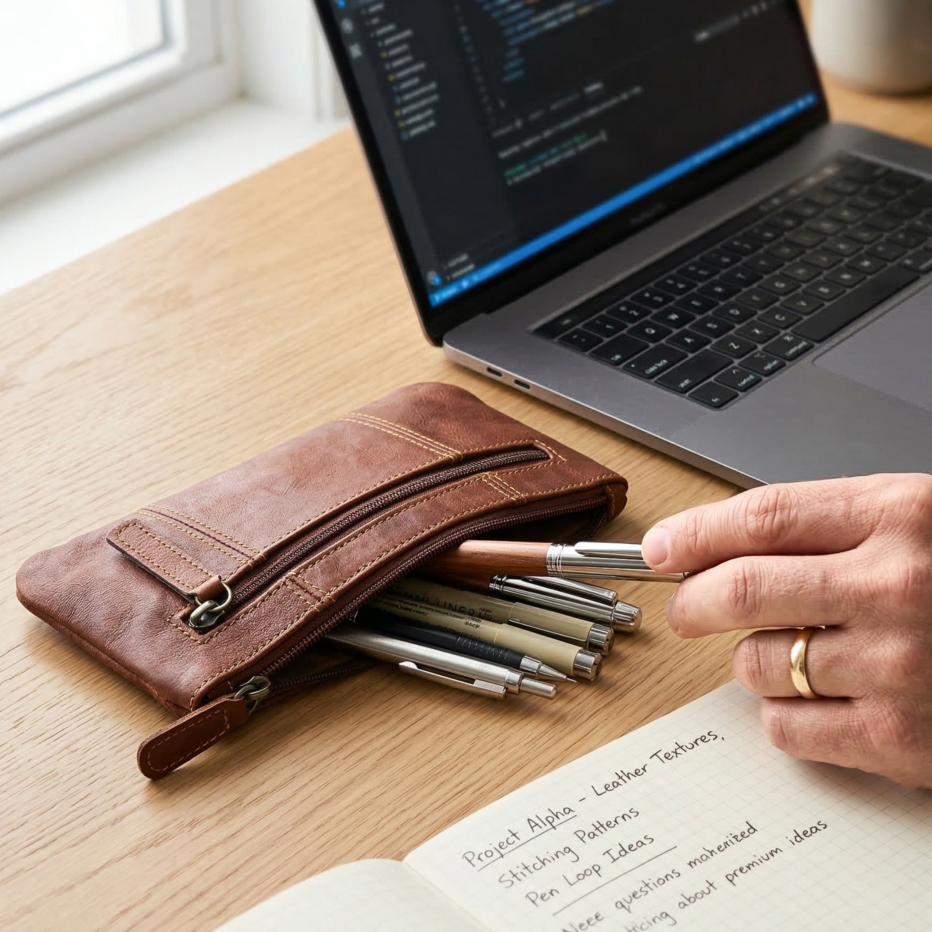 DEKVIO Leather Pencil Case Zipper Pouch Genuine Leather Pen Holder Utility Coin Purse Cosmetic Bag for Men Women