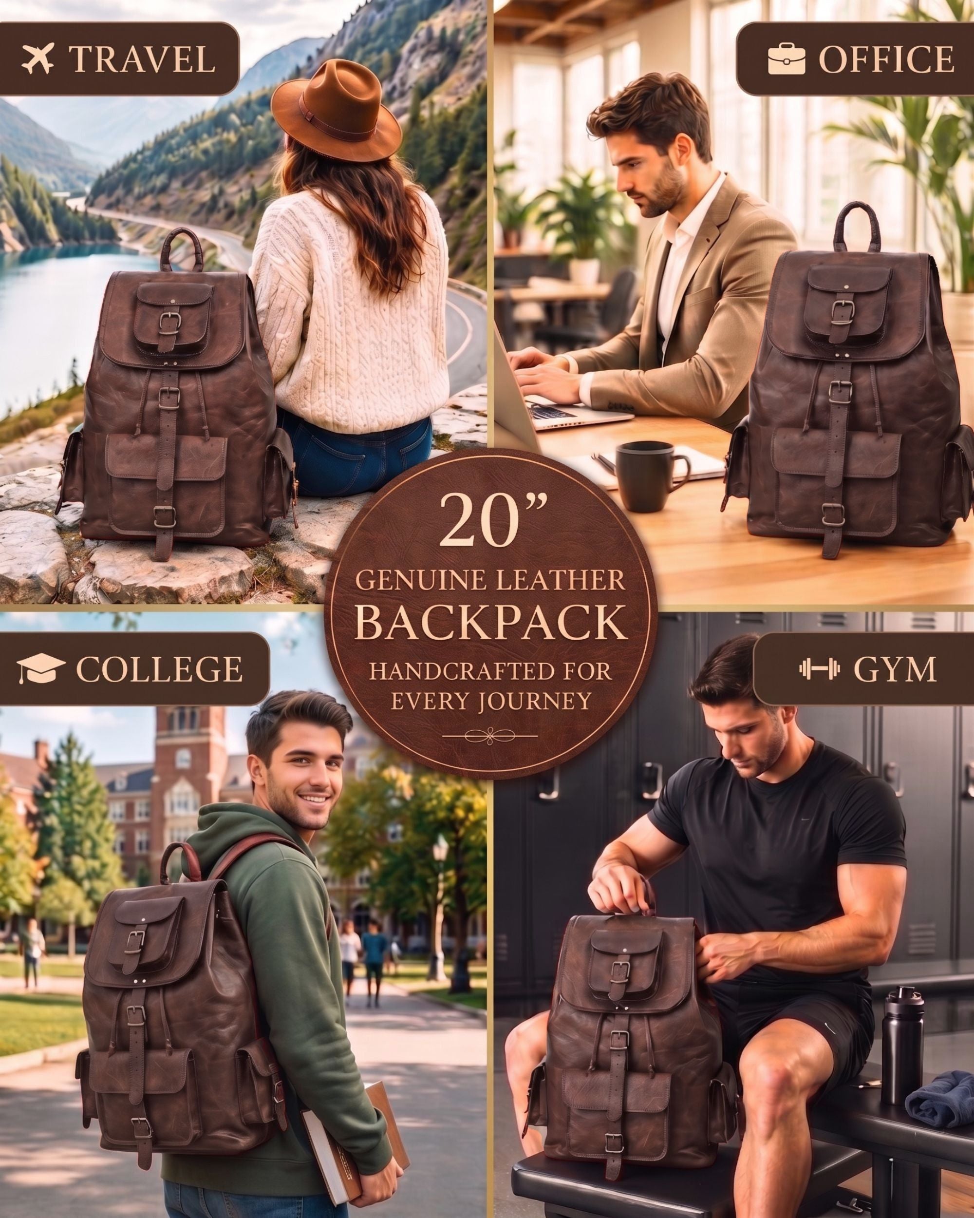 DEKVIO 20" Handcrafted Genuine Leather Backpack | Laptop Rucksack for Men & Women | Travel, Work & College Bag | Brown, Coffee, Tan, Black