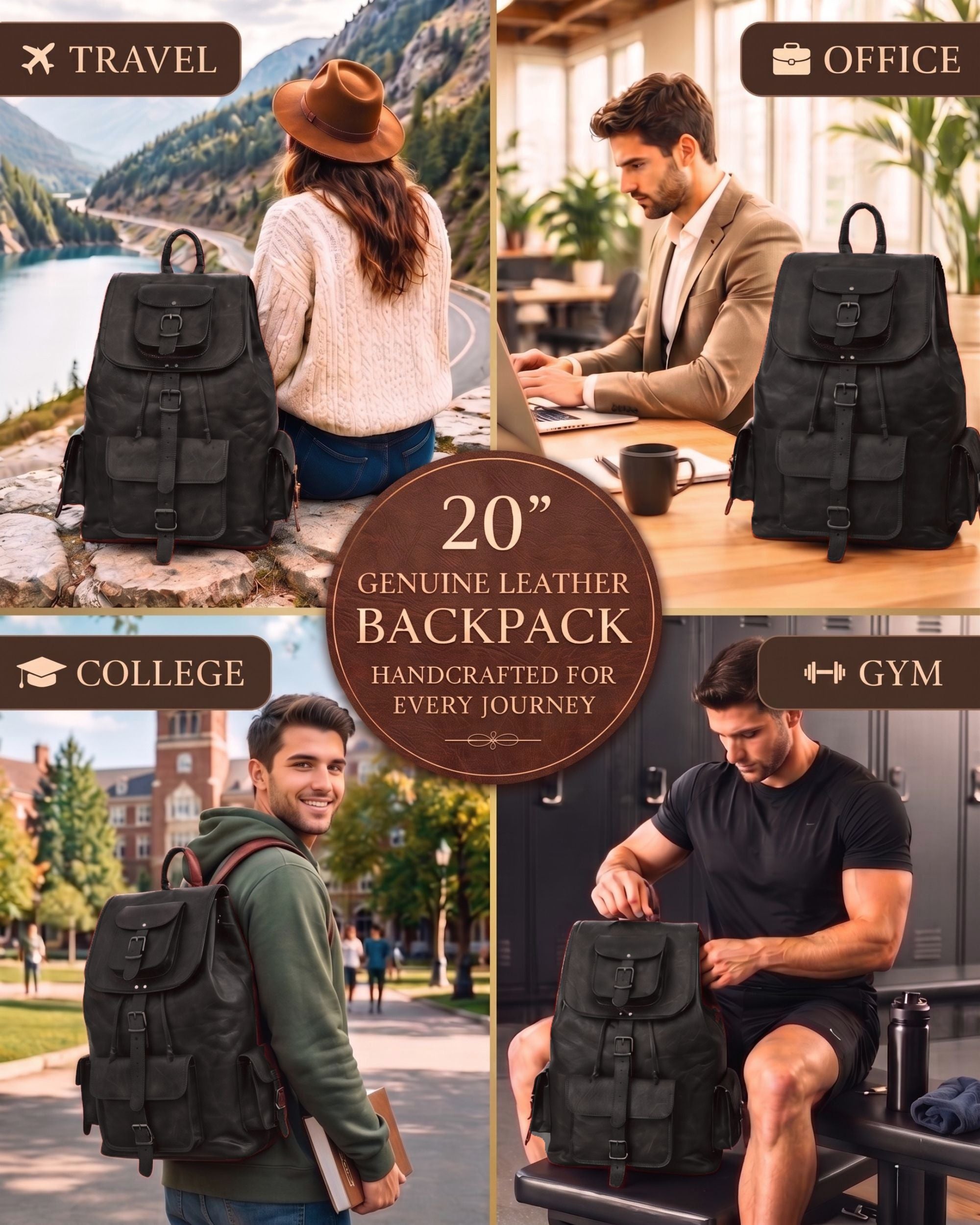 DEKVIO 20" Handcrafted Genuine Leather Backpack | Laptop Rucksack for Men & Women | Travel, Work & College Bag | Brown, Coffee, Tan, Black