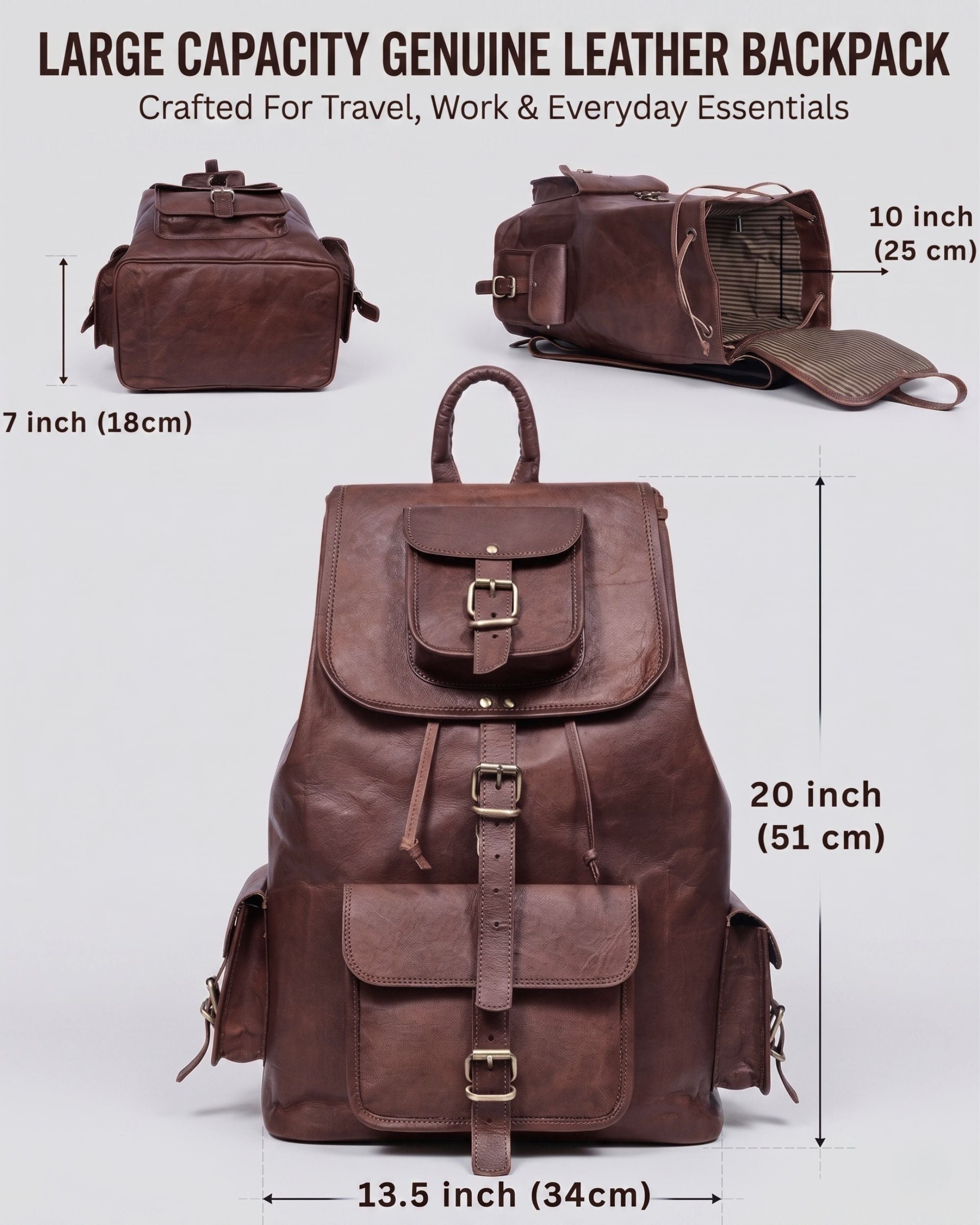 DEKVIO 20" Handcrafted Genuine Leather Backpack | Laptop Rucksack for Men & Women | Travel, Work & College Bag | Brown, Coffee, Tan, Black