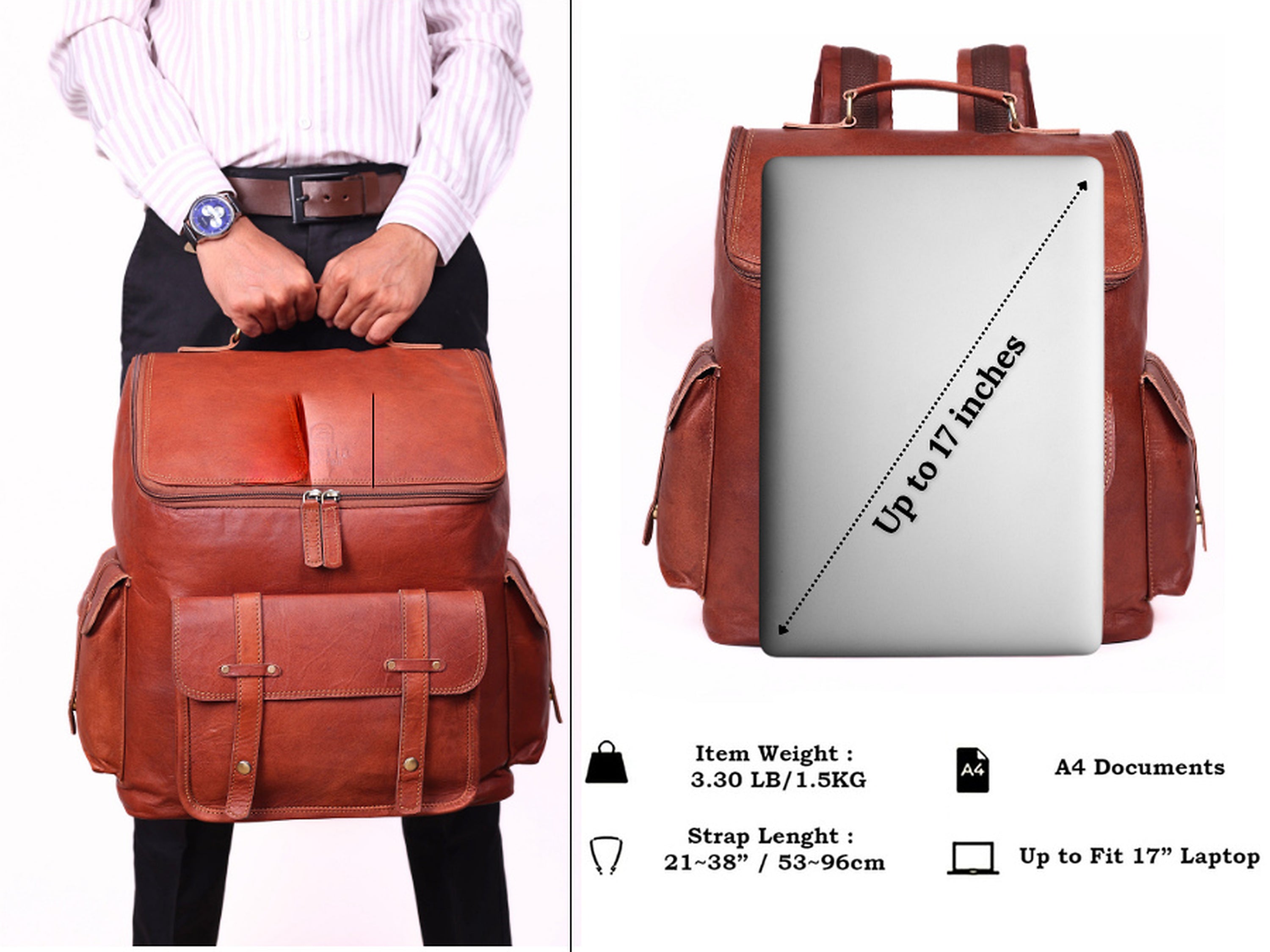 DEKVIO 17" Large Handcrafted Genuine Leather Backpack | Vintage Laptop Rucksack for Men & Women | Travel, Work & College | Brown, Coffee, Tan, Black