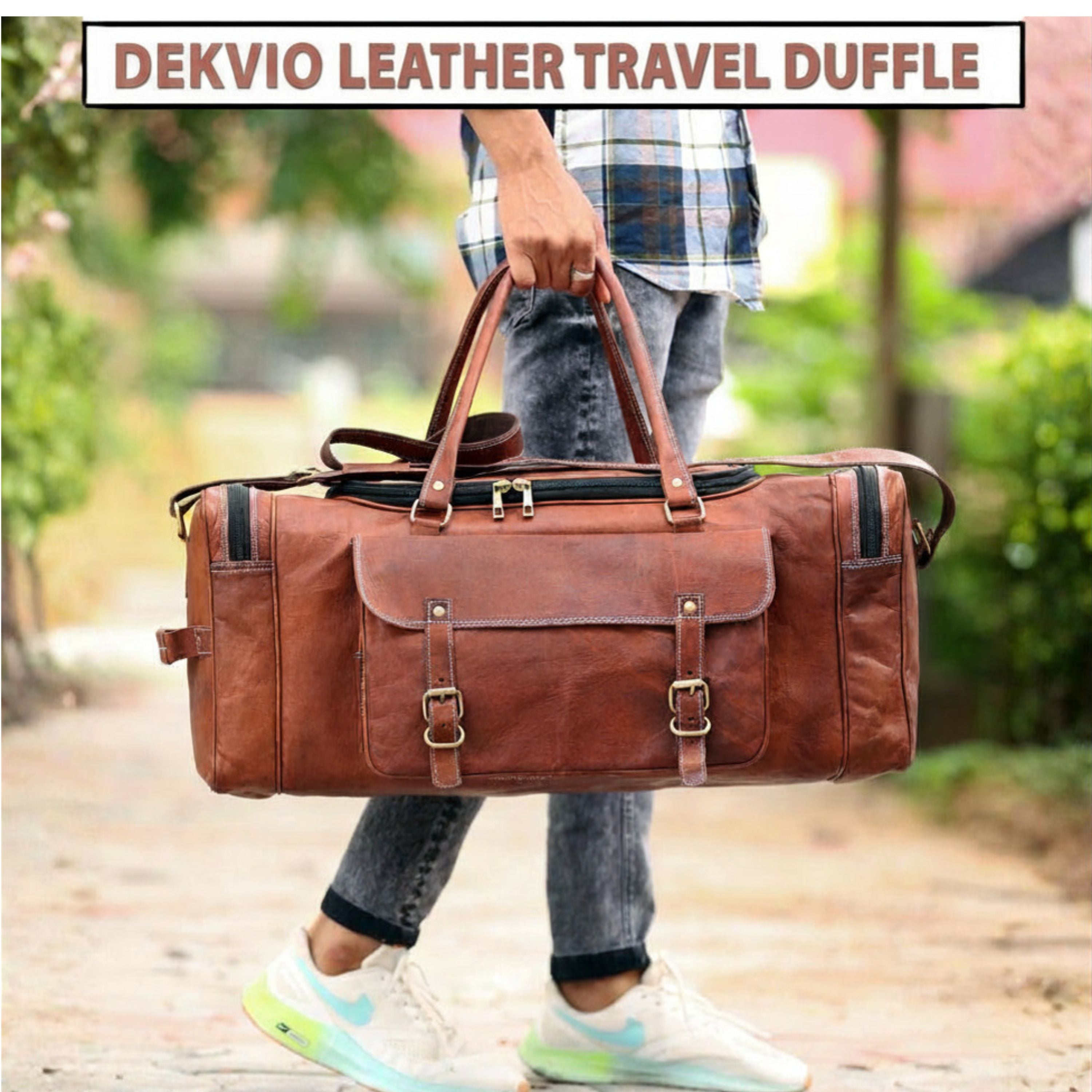 DEKVIO 24" Handcrafted Genuine Leather Duffle Bag | Vintage Travel Holdall | Men & Women | Brown, Coffee, Tan, Black