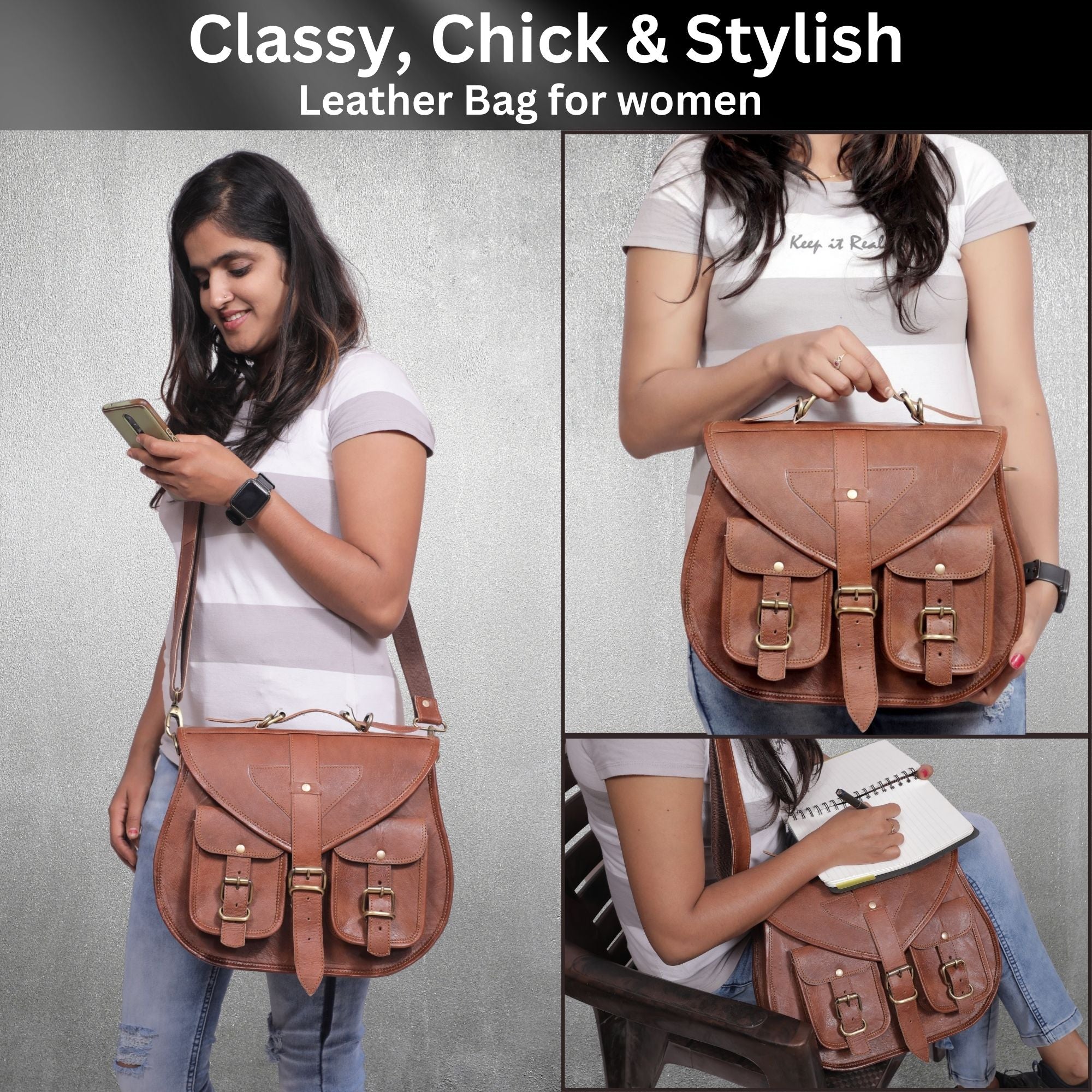 DEKVIO Large Leather Crossbody Handbag Purse for Women | Twin Pocket Full Grain Leather Saddle Bag | Removable Handle | Fits 12" Tablet | Brown, Coffee, Tan, Black