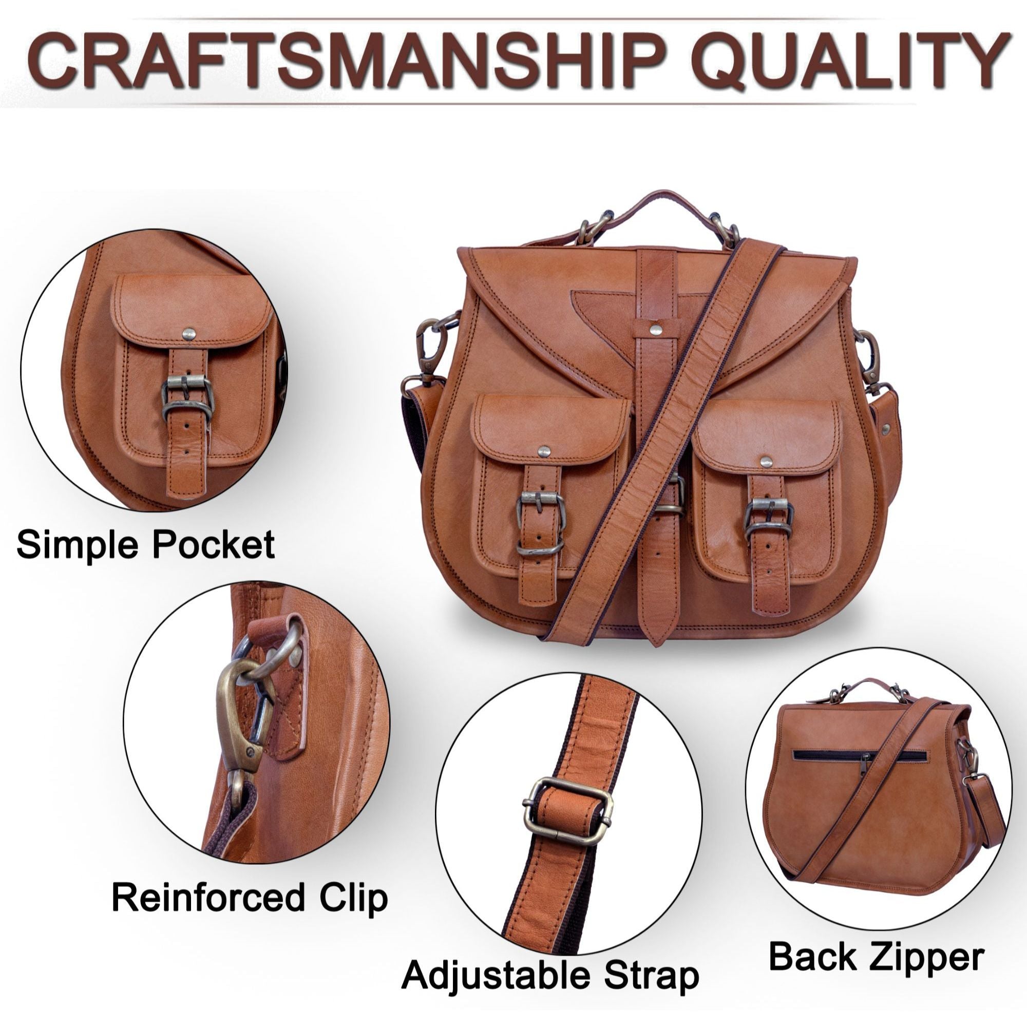DEKVIO Large Leather Crossbody Handbag Purse for Women | Twin Pocket Full Grain Leather Saddle Bag | Removable Handle | Fits 12" Tablet | Brown, Coffee, Tan, Black