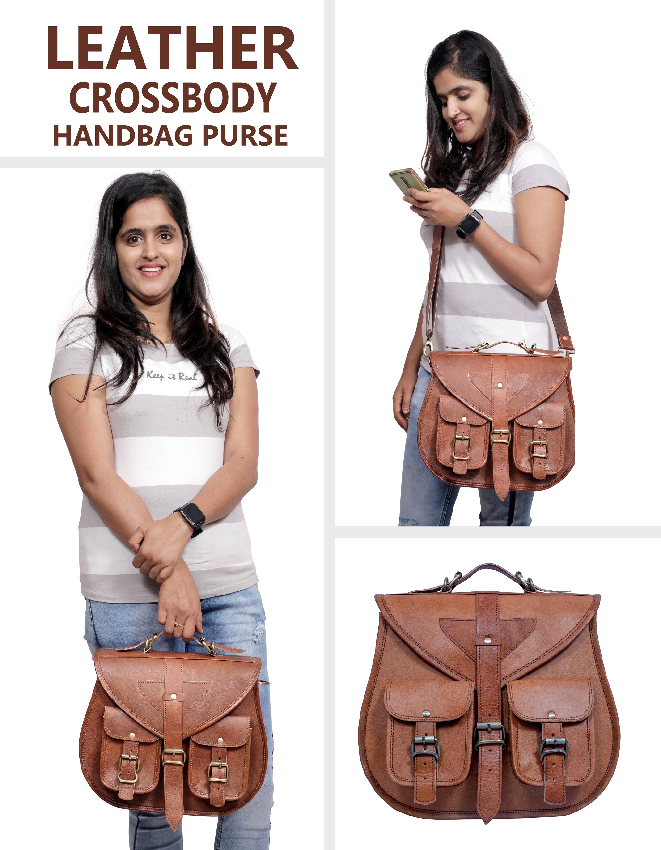 DEKVIO Large Leather Crossbody Handbag Purse for Women | Twin Pocket Full Grain Leather Saddle Bag | Removable Handle | Fits 12" Tablet | Brown, Coffee, Tan, Black