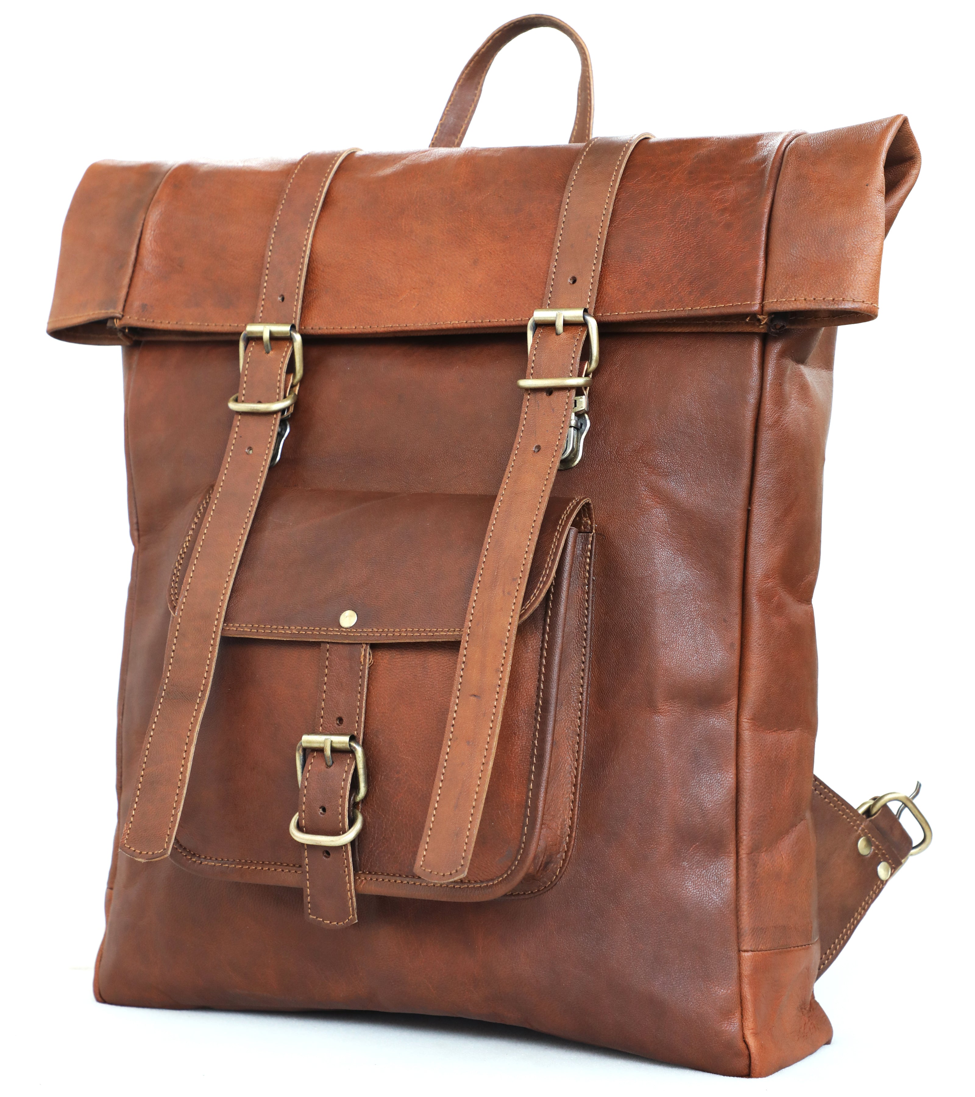 DEKVIO 20" Roll-Top Leather Backpack | Handcrafted Genuine Leather Laptop Rucksack for Men & Women | Travel, Work & College Bag | Brown, Coffee, Tan, Black