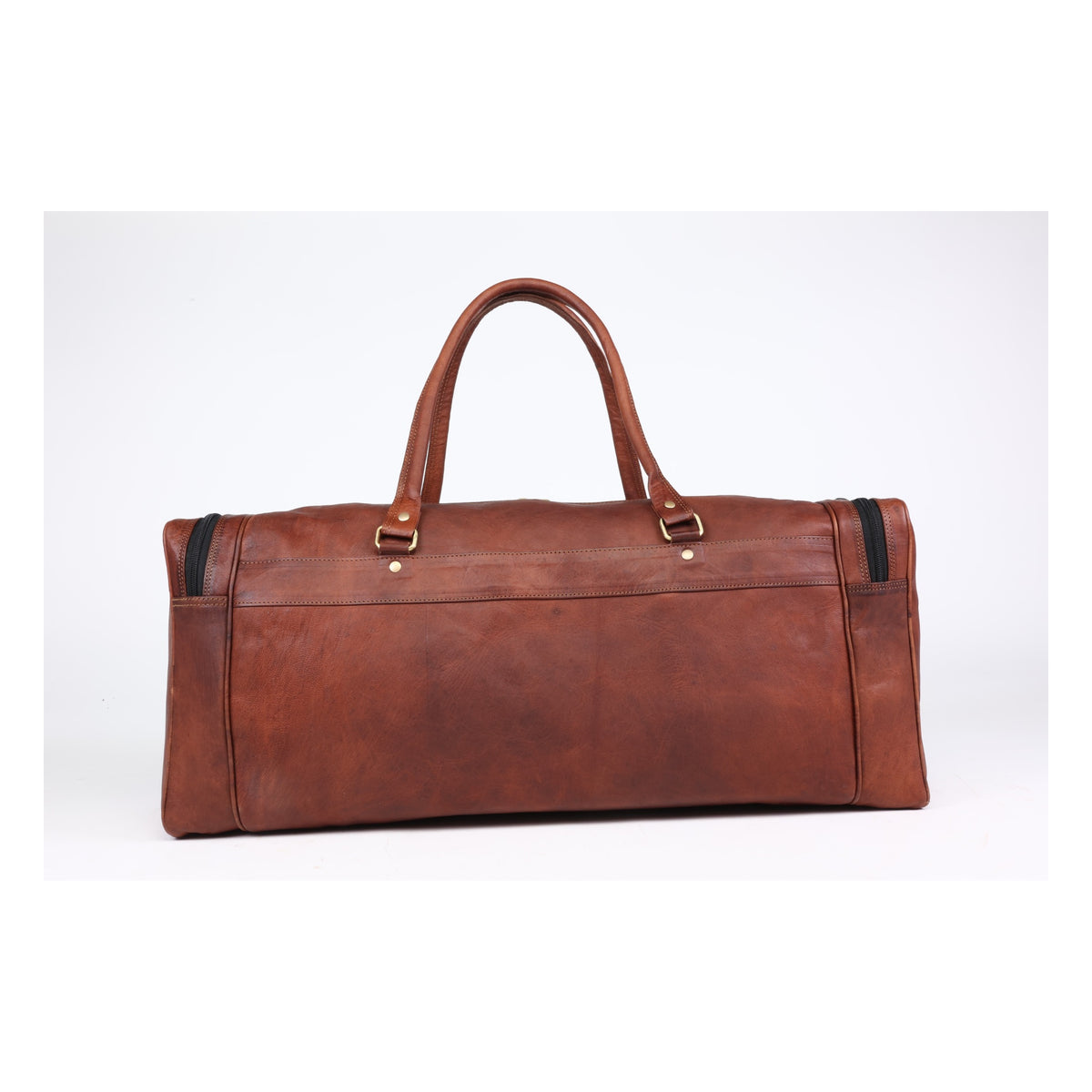 Brown leather duffle bag back view - DEKVIO 24 inch vintage weekender