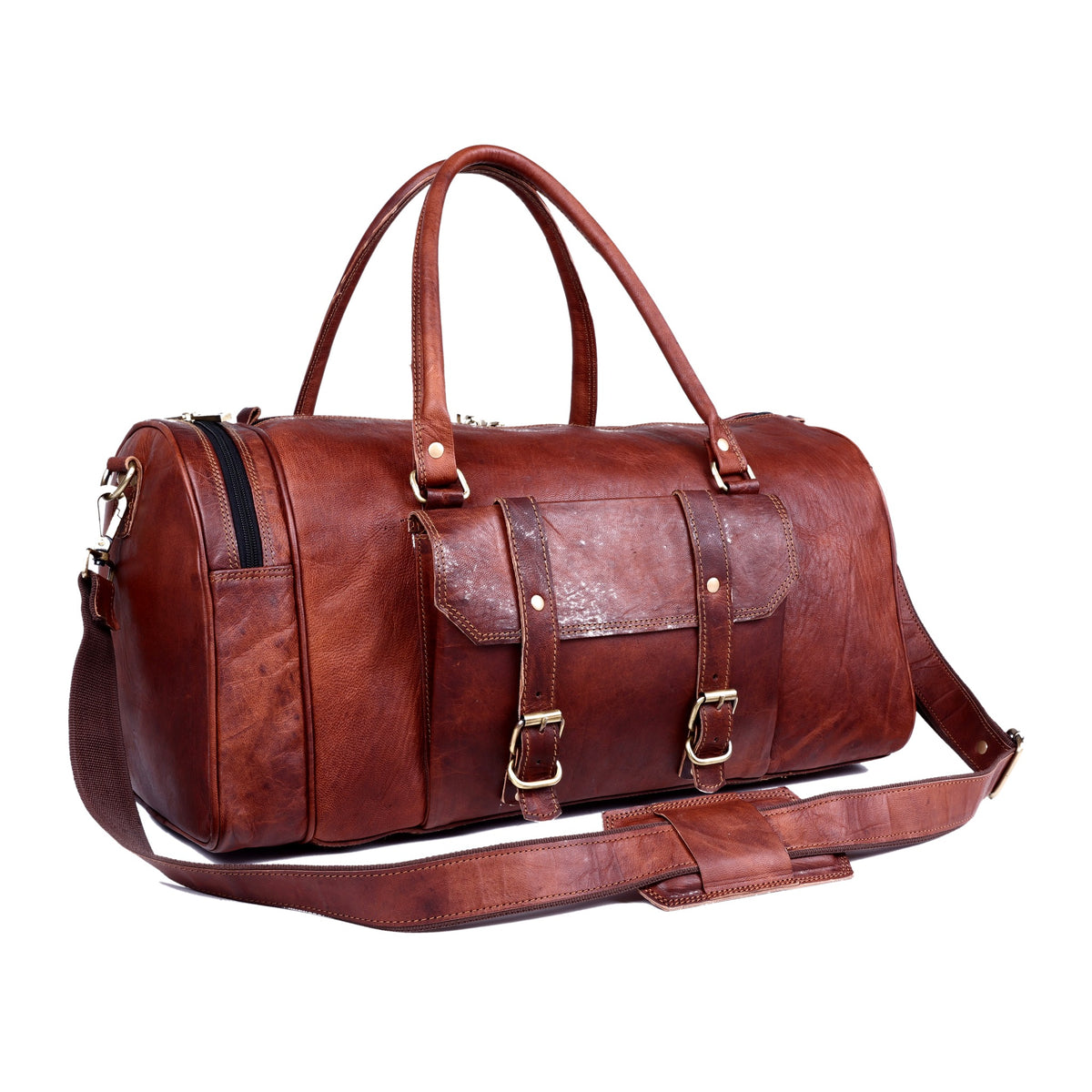 DEKVIO handcrafted leather gym duffle — angled view with detachable shoulder strap