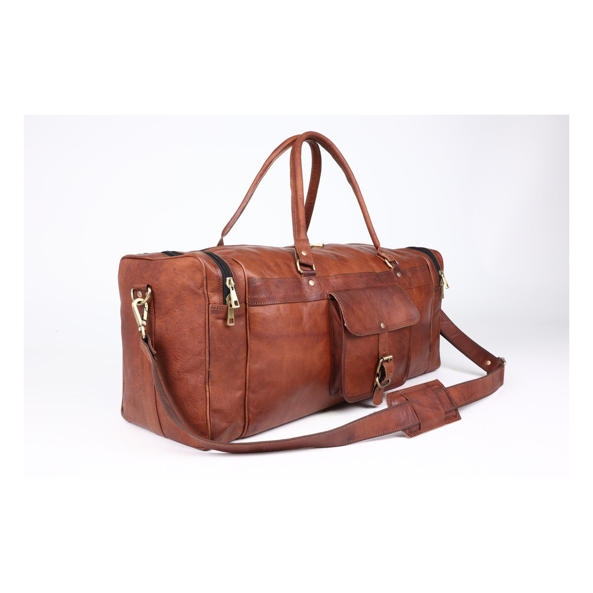 Brown leather duffle bag side view showing end zipper compartment - DEKVIO vintage weekender