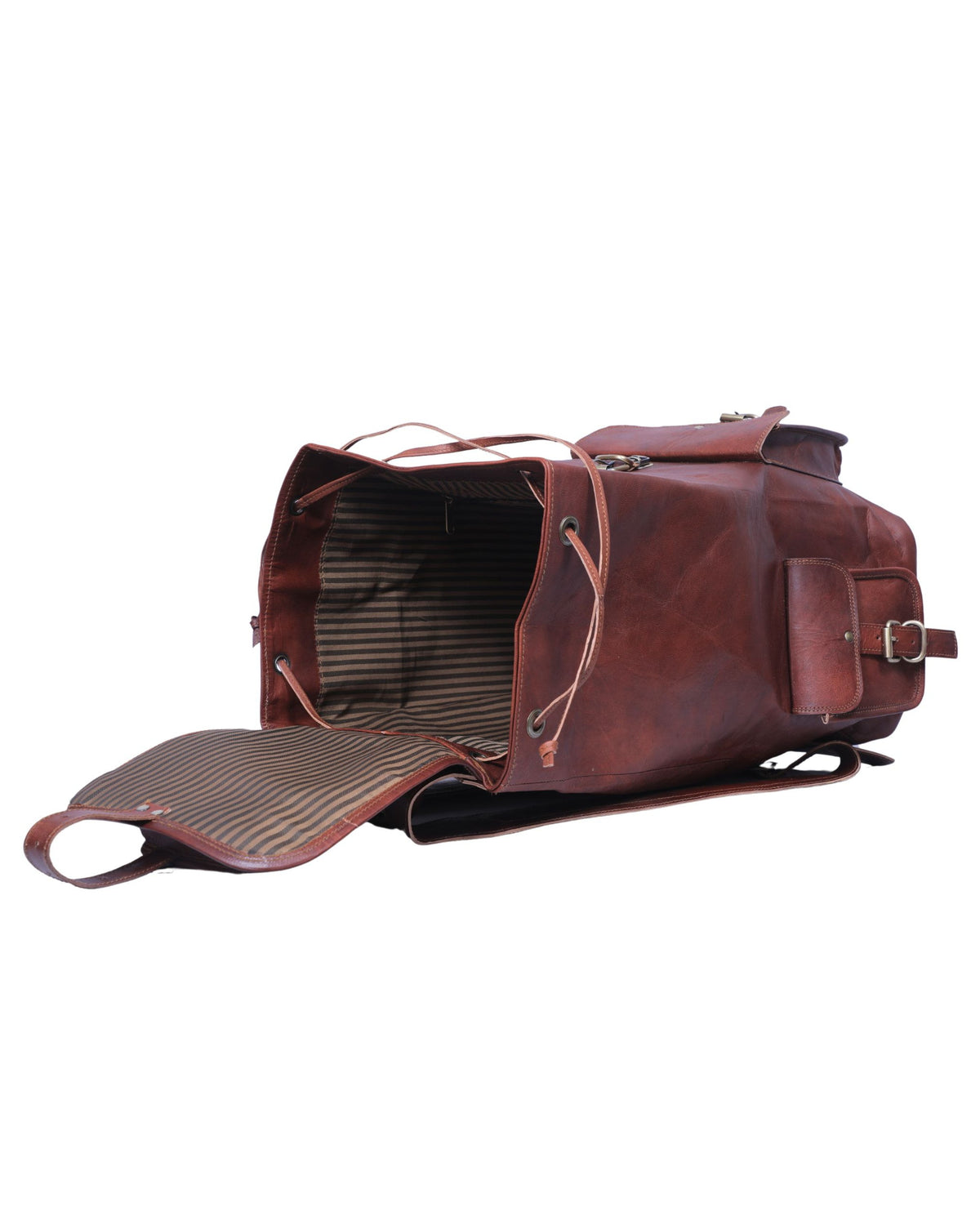 Side profile of DEKVIO leather backpack showing 7 inch depth and striped canvas lining