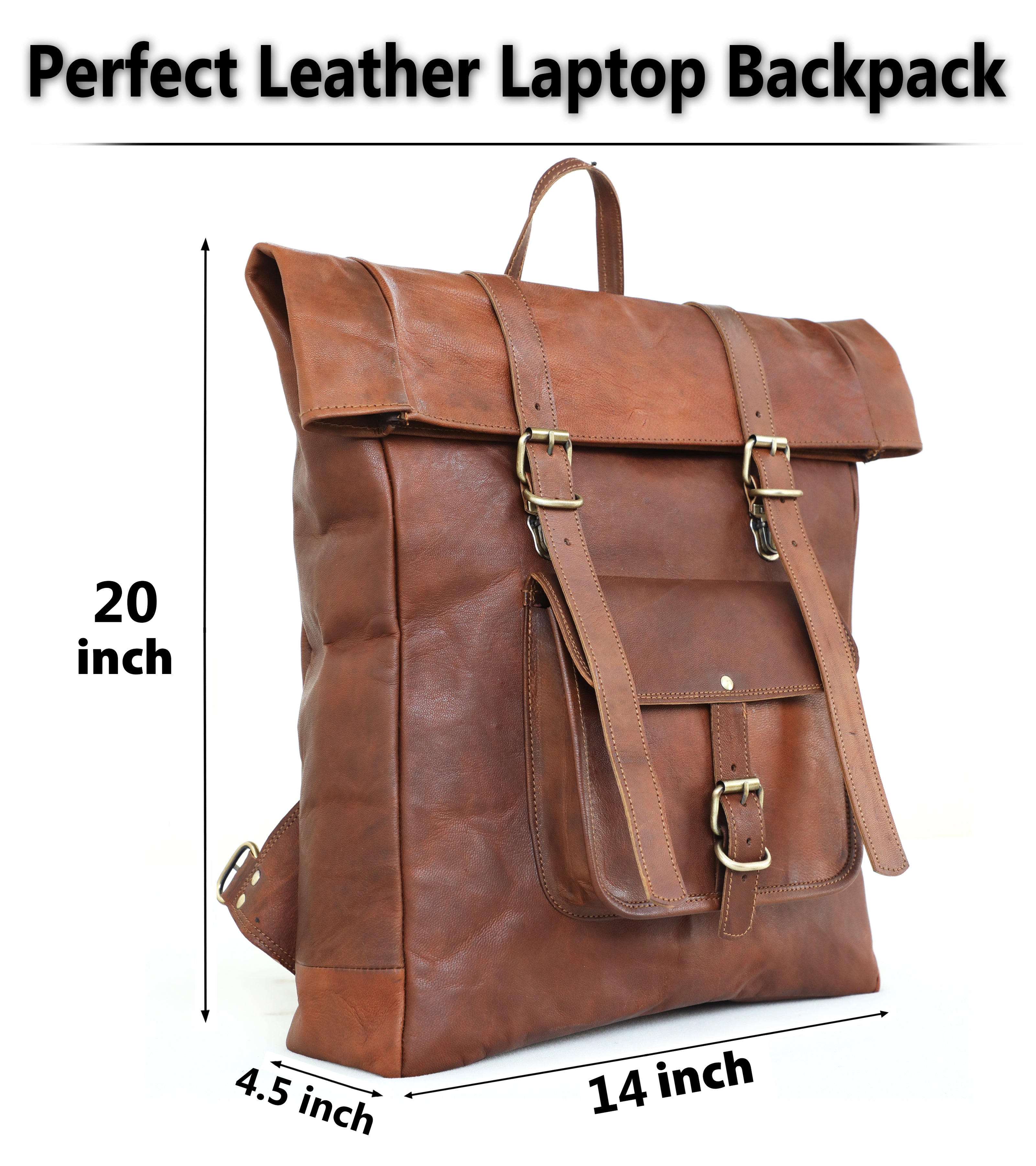 DEKVIO 20" Roll-Top Leather Backpack | Handcrafted Genuine Leather Laptop Rucksack for Men & Women | Travel, Work & College Bag | Brown, Coffee, Tan, Black