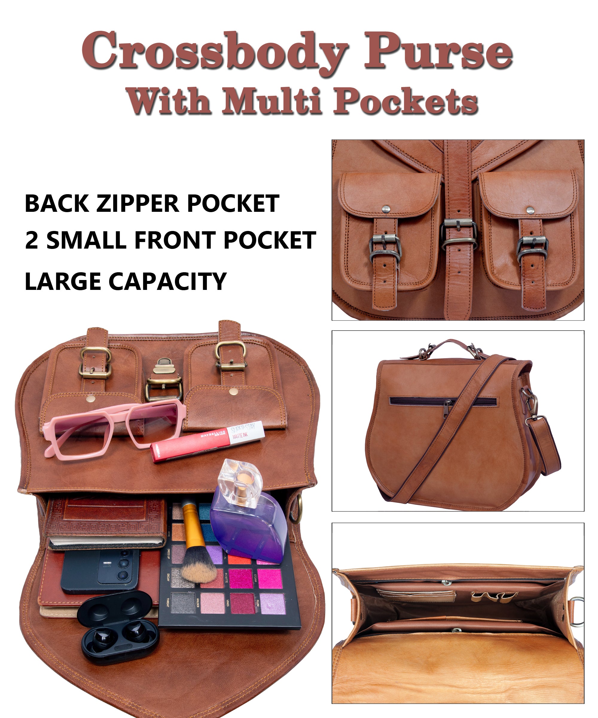 DEKVIO Large Leather Crossbody Handbag Purse for Women | Twin Pocket Full Grain Leather Saddle Bag | Removable Handle | Fits 12" Tablet | Brown, Coffee, Tan, Black