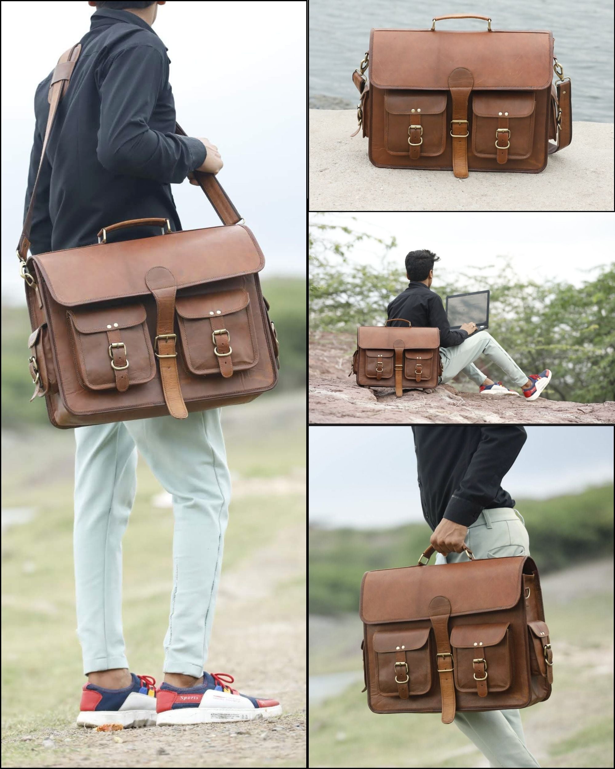 DEKVIO Leather Messenger Bag 17 Inch Laptop Briefcase for Men Women XL Vintage Shoulder Bag Office Satchel
