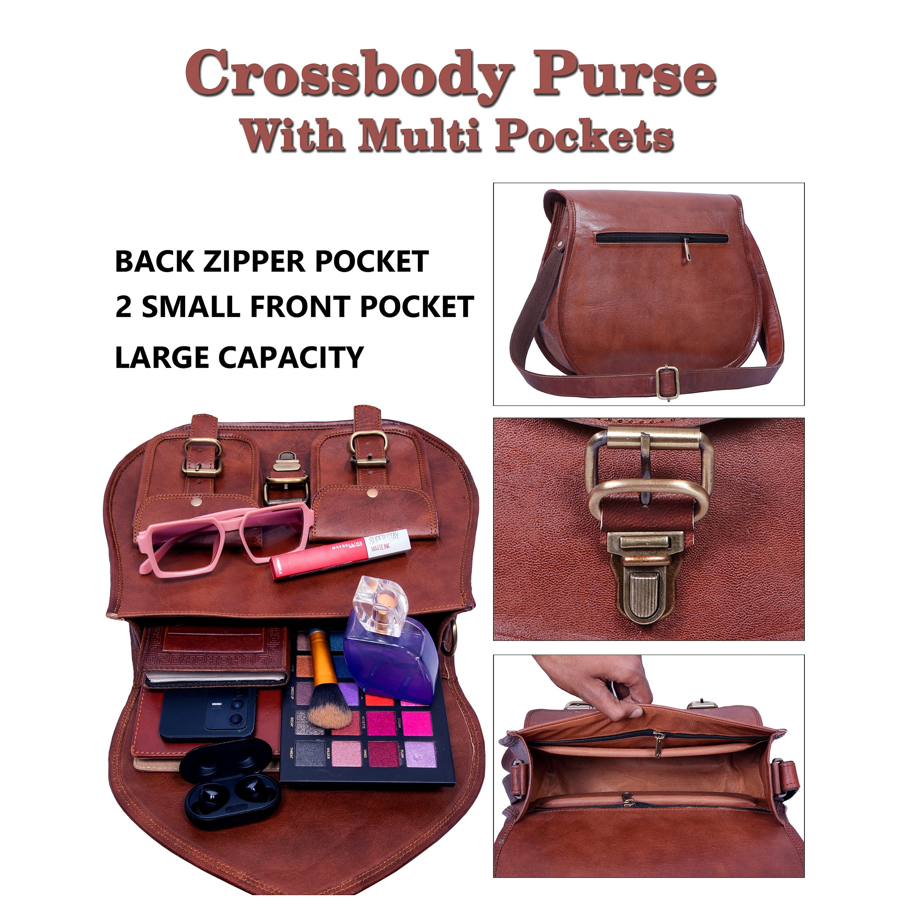 DEKVIO Leather Crossbody Saddle Bag for Women | Twin Pocket Genuine Full Grain Leather Purse | Handcrafted Shoulder Bag | Brown, Coffee, Tan, Black